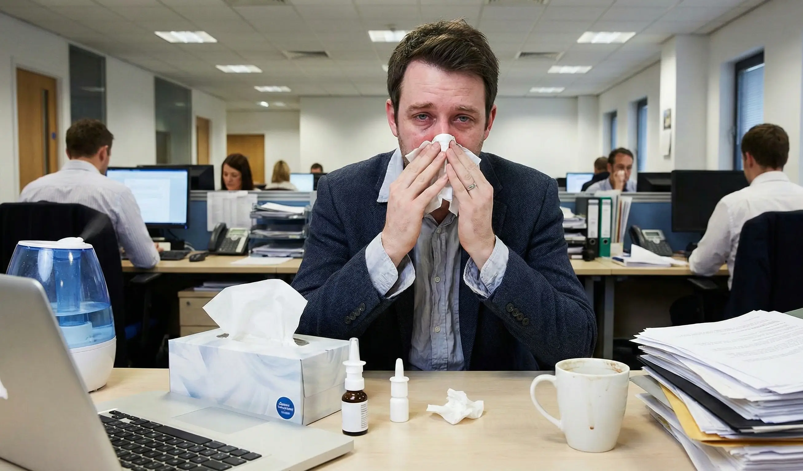 Employé de bureau en costume se mouchant à son poste de travail, gestion de la rhinite en open space