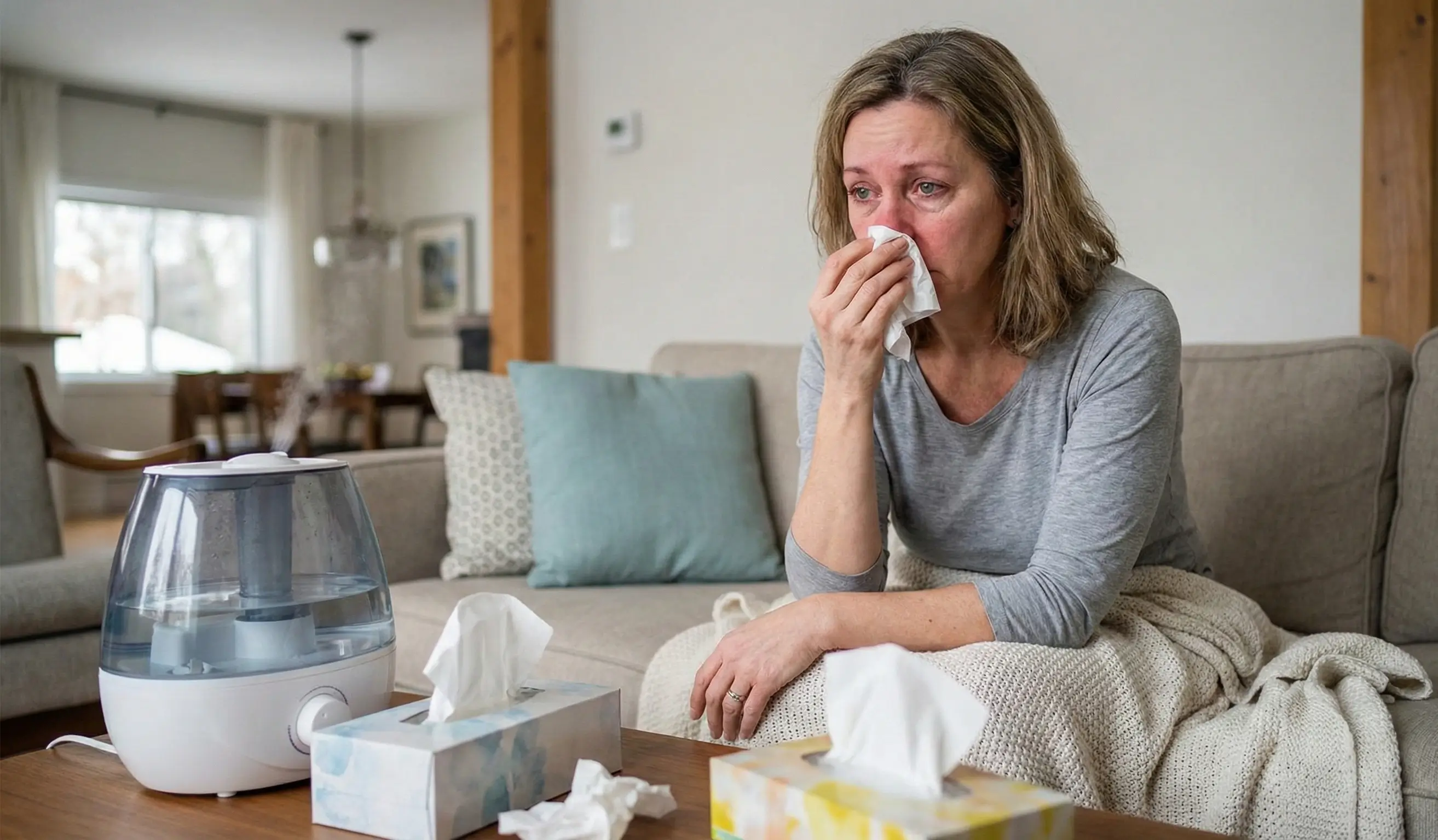 Femme se mouchant à domicile avec humidificateur d'air sur la table basse, traitement du rhume à la maison