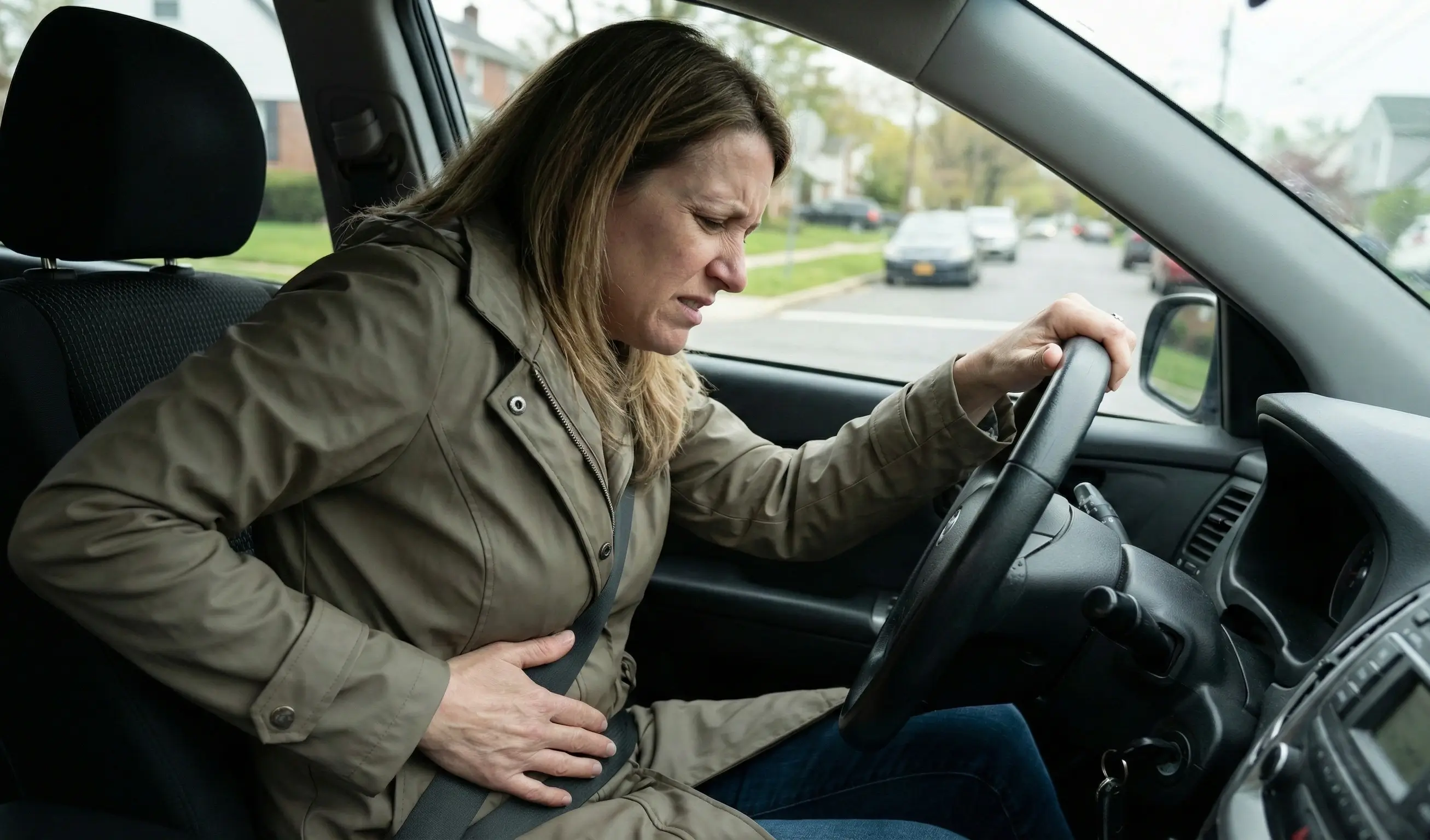Femme au volant ressentant une gêne abdominale due à une cystite