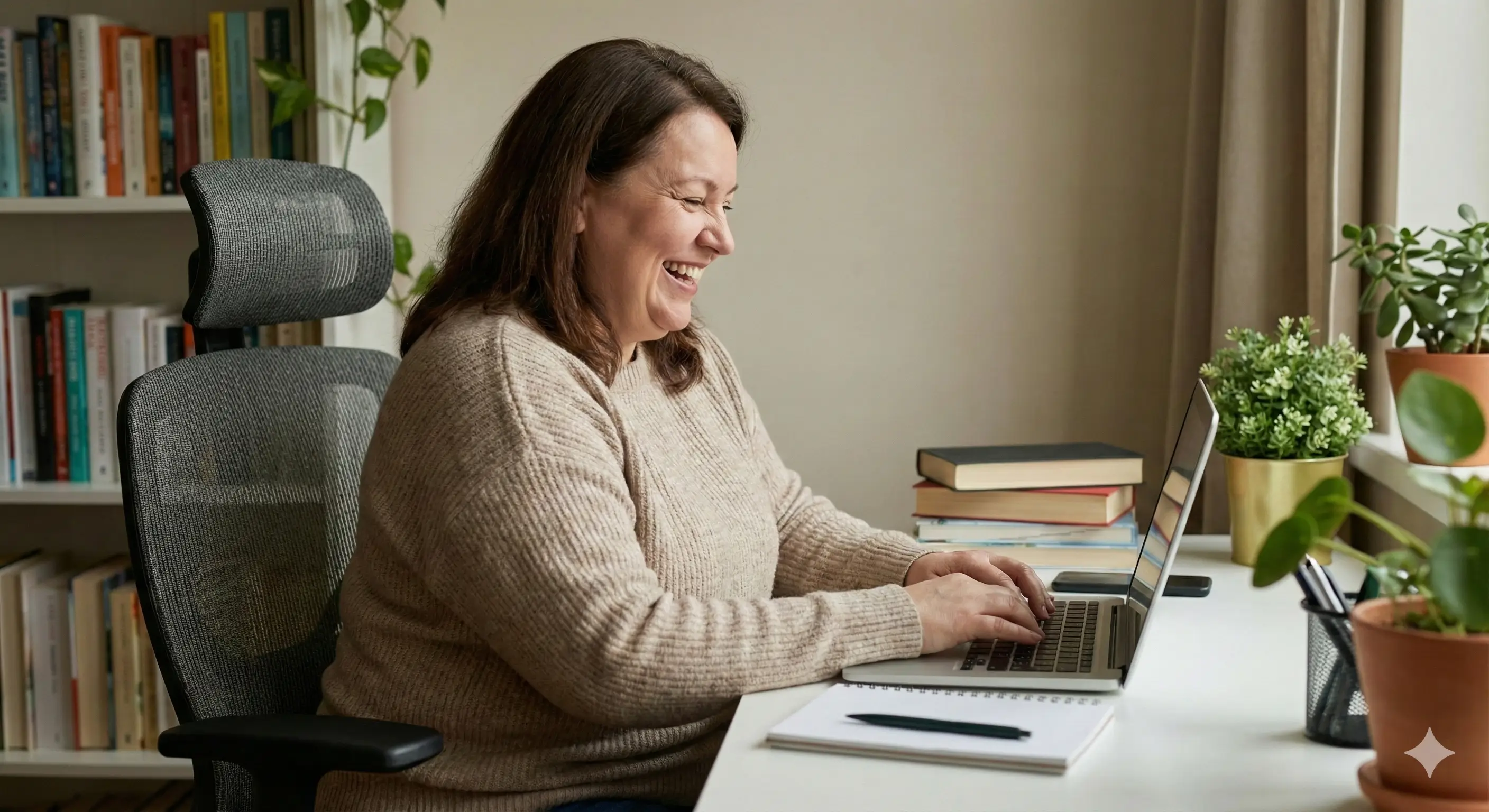 Une femme d'âge moyen avec de l'embonpoint rit joyeusement en travaillant sur son ordinateur portable dans un bureau à domicile confortable.