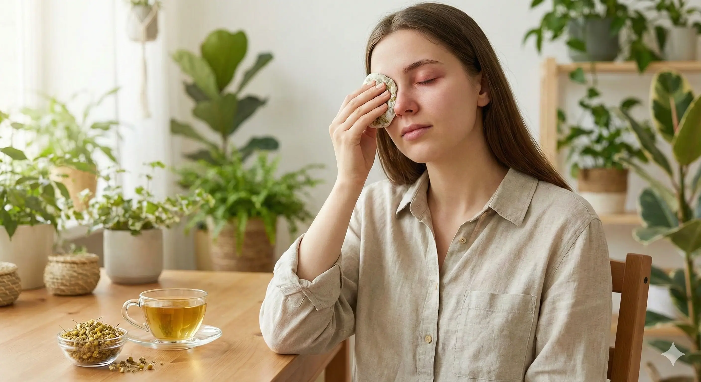 Femme appliquant une compresse naturelle sur œil irrité pour soulager conjonctivite