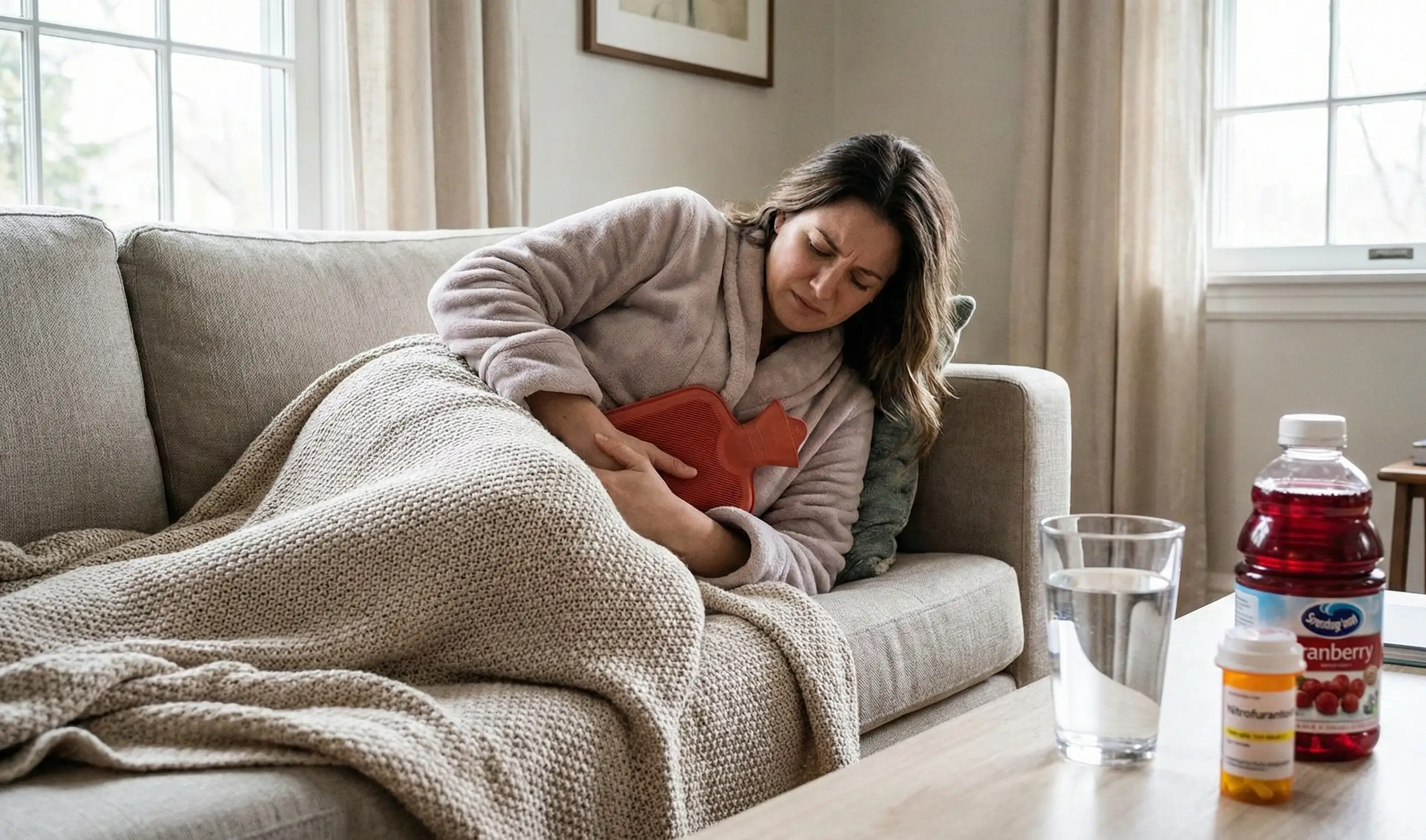 Femme soulageant une infection urinaire avec bouillotte et jus de canneberge