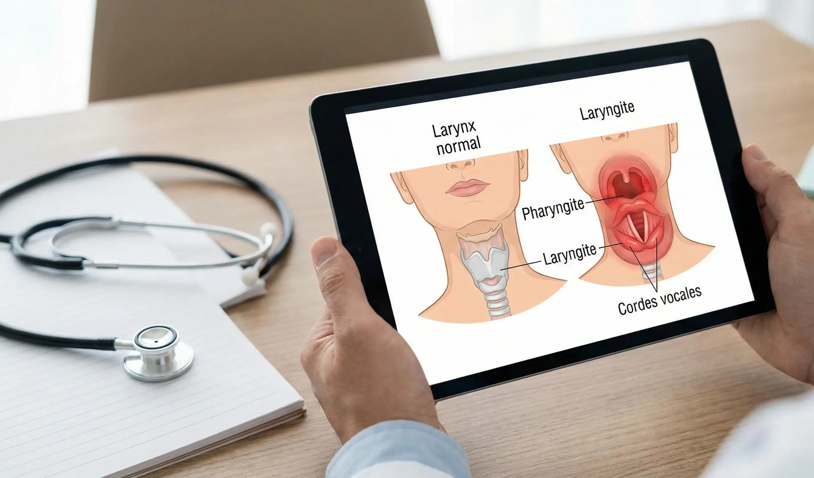 Médecin utilisant une tablette avec un schéma médical illustrant la différence entre la laryngite et la pharyngite, montrant les cordes vocales et le larynx dans le cadre du diagnostic.