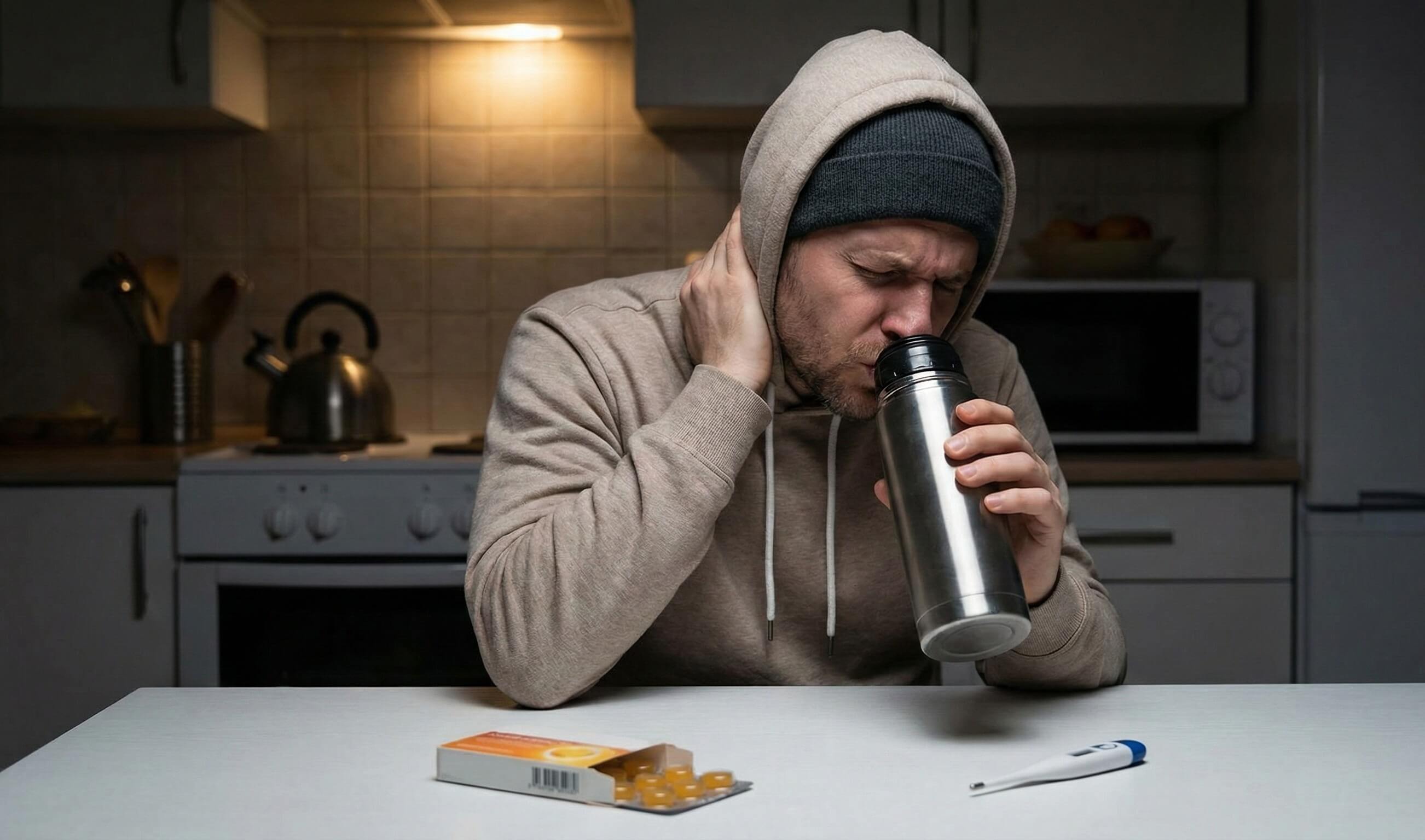 Un homme qui porte une capuche qui est semble souffrir d'une douleur causée par une laryngite