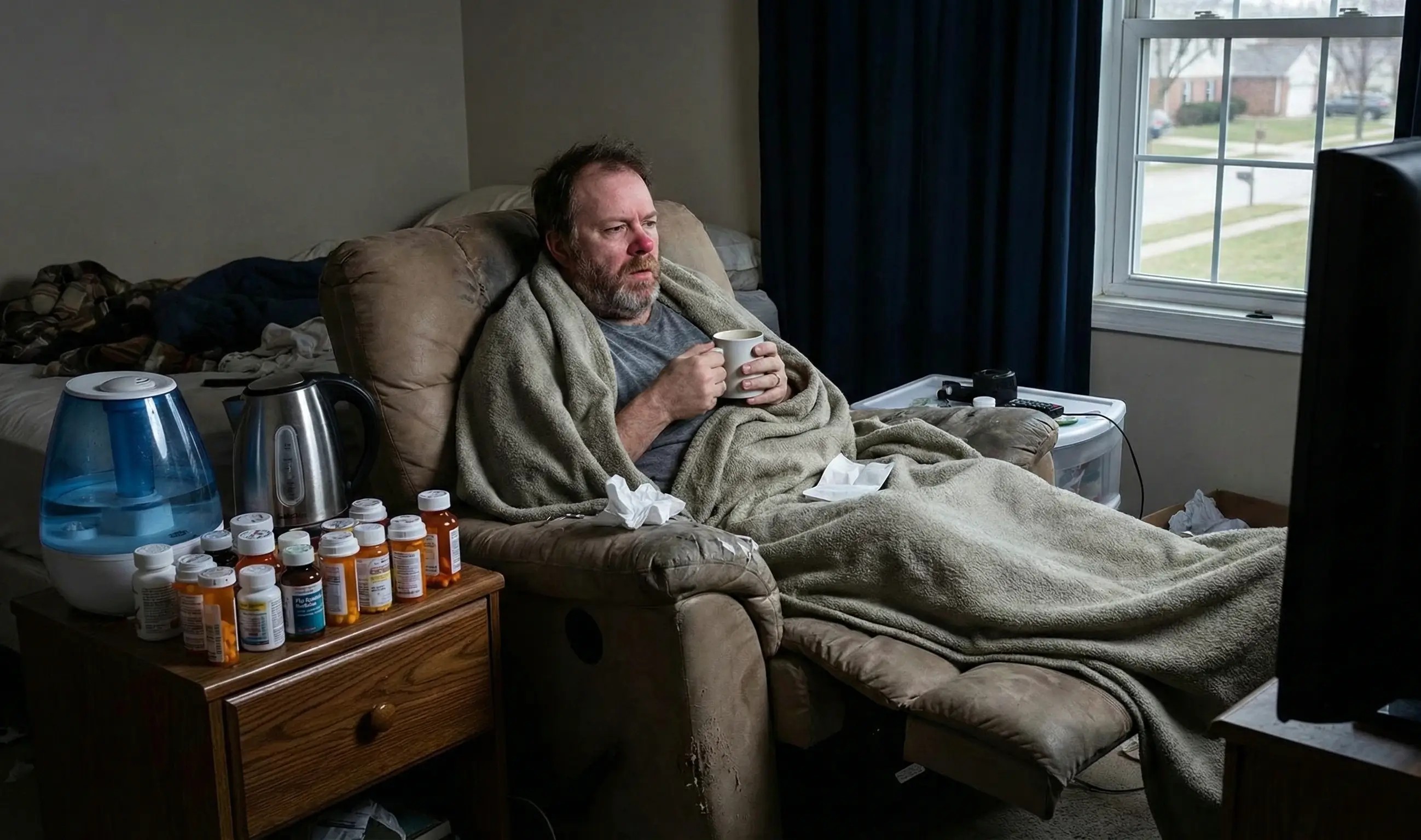 Homme grippé au lit avec une couverture, tenant une tasse, entouré de médicaments et d'un humidificateur.