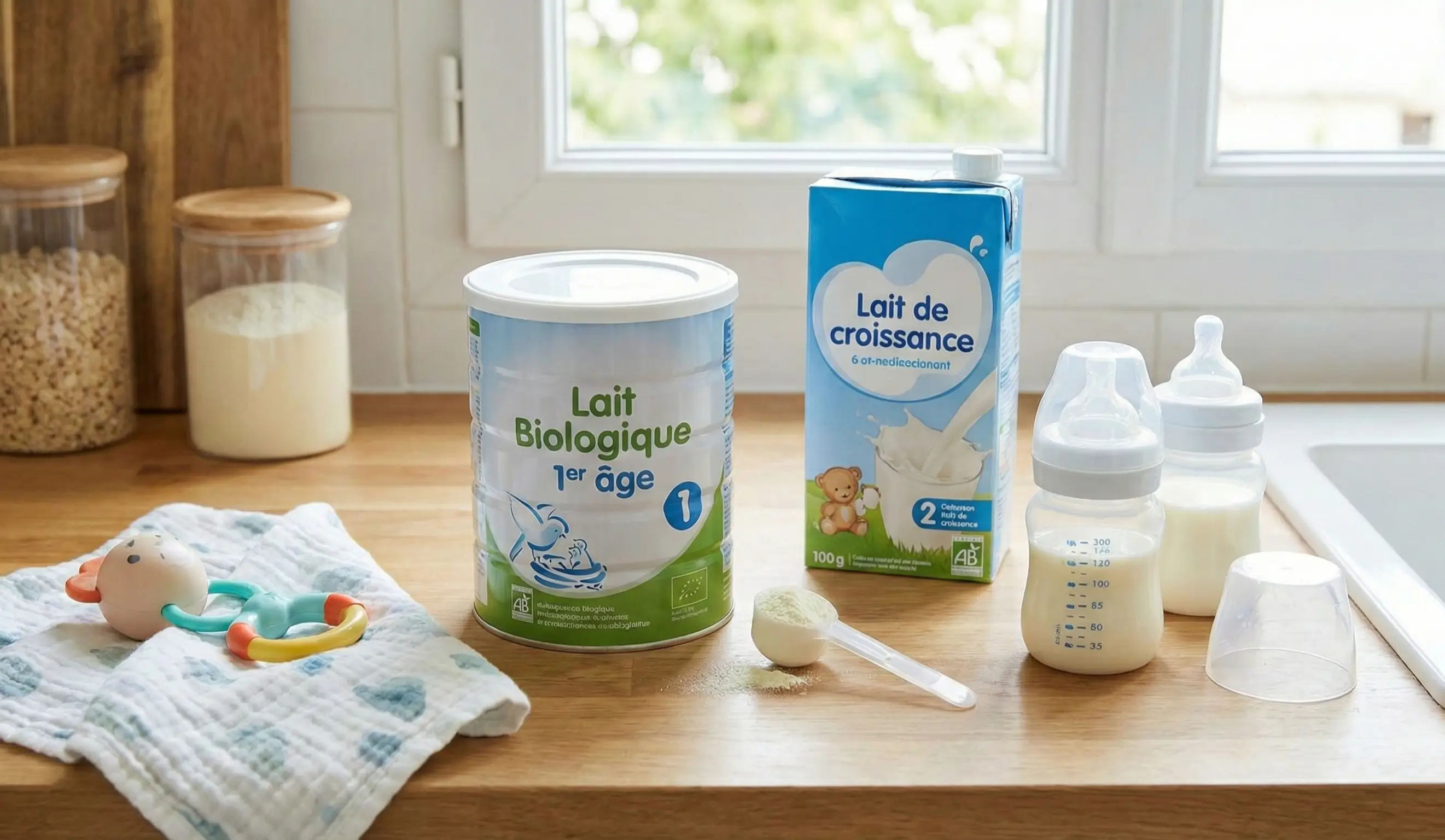 Des produits de lait infantile sur un comptoir de cuisine, incluant une boîte de lait en poudre biologique, une brique de lait de croissance et deux biberons.