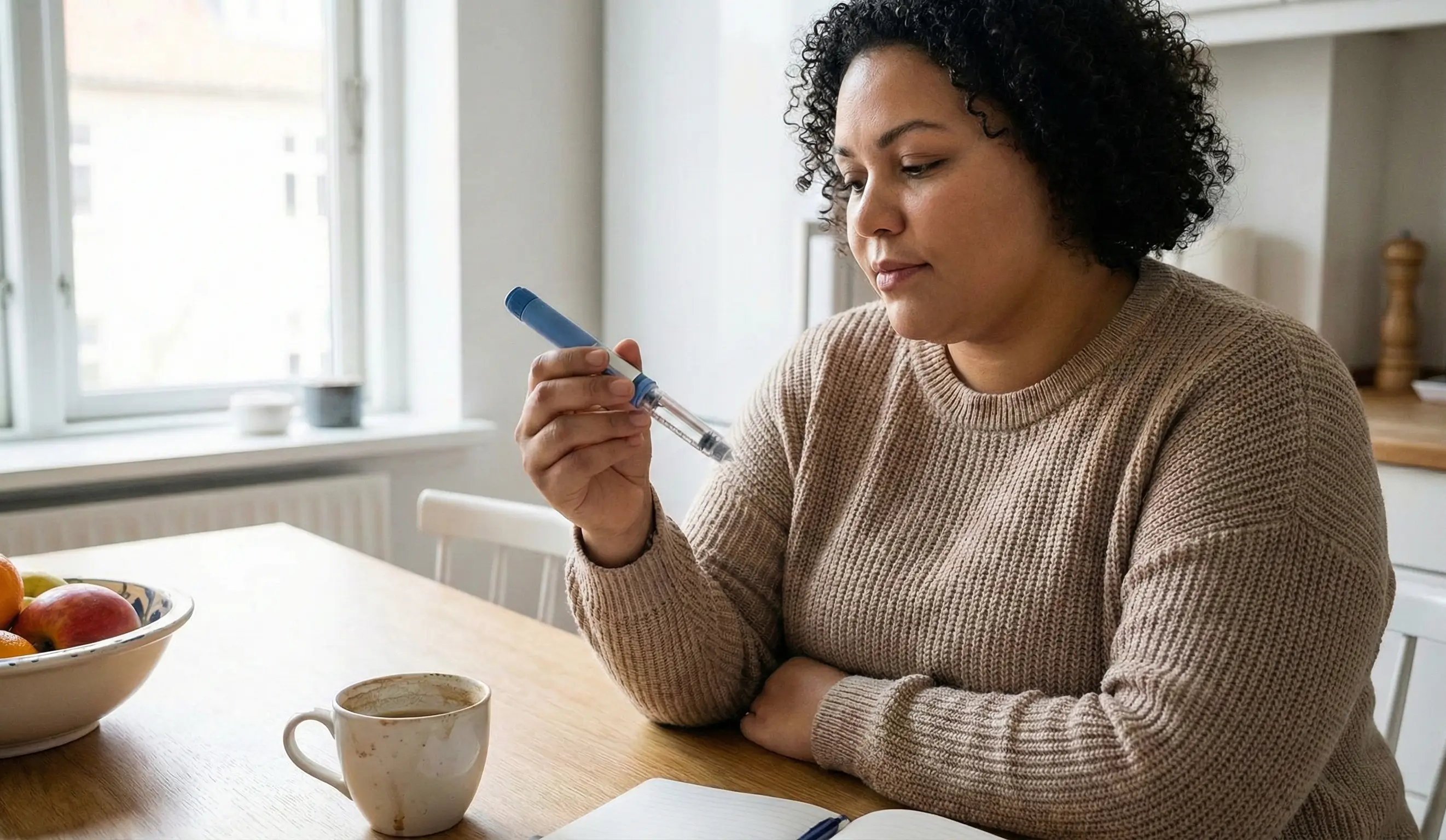 Femme en situation d'obésité assise dans une cuisine lumineuse, tenant et regardant pensivement un stylo injecteur de liraglutide.