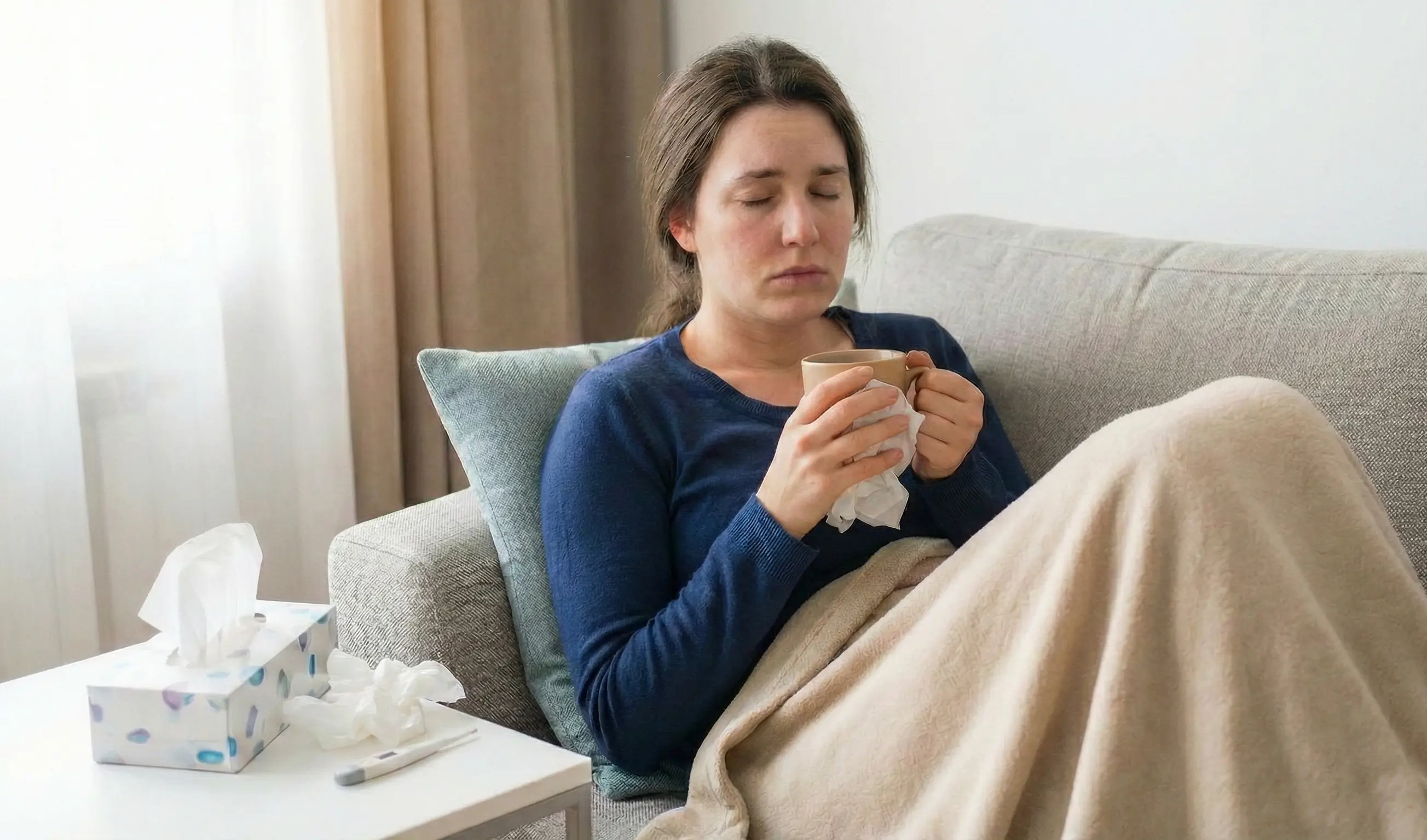 Femme souffrant d'une angine, les yeux fermés sous un plaid sur son canapé.