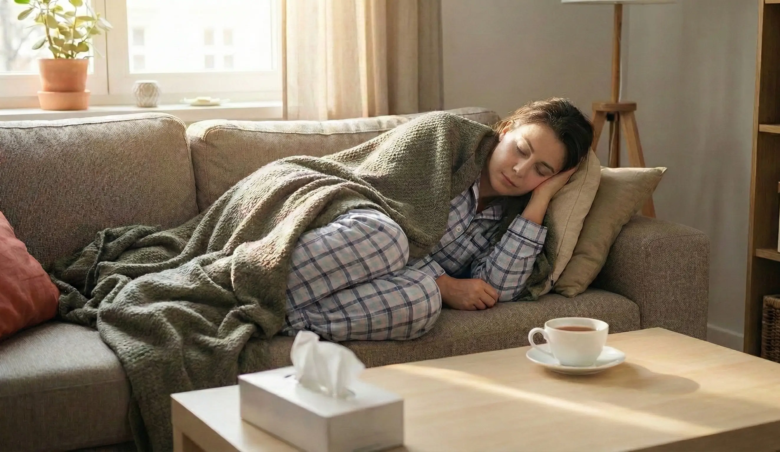 Une femme malade dort paisiblement sur un canapé sous une couverture, avec des mouchoirs et du thé sur la table basse dans un salon ensoleillé.