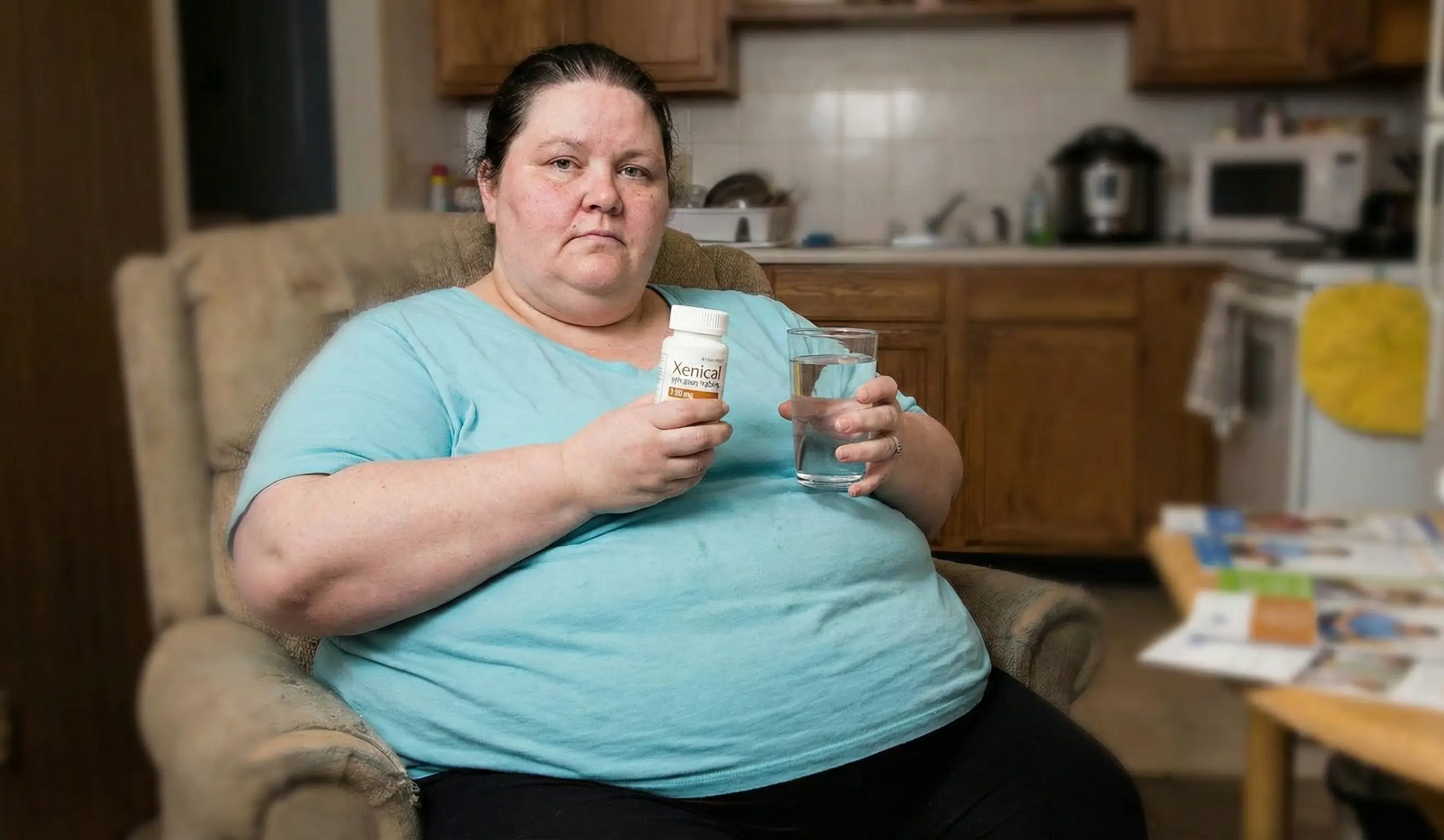 Voici plusieurs options pour la balise "alt" (texte alternatif) de cette image, allant du plus concis au plus détaillé, selon le contexte dans lequel l'image sera utilisée sur votre site web. L'objectif est de décrire l'image pour une personne malvoyante ou pour les moteurs de recherche. Option 1 : Concise et directe (Recommandée pour un usage général) "Une femme souffrant d'obésité, assise dans un fauteuil, tient un flacon de médicament Xenical et un verre d'eau.