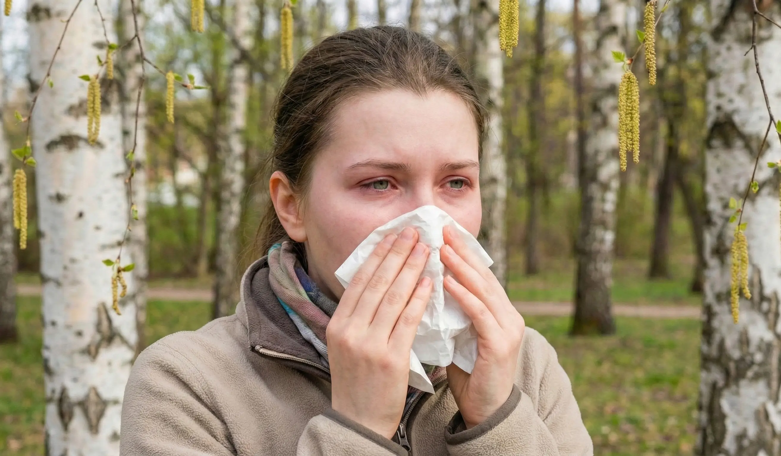 Une femme en train de se moucher en fôret à cause du pollen de bouleau
