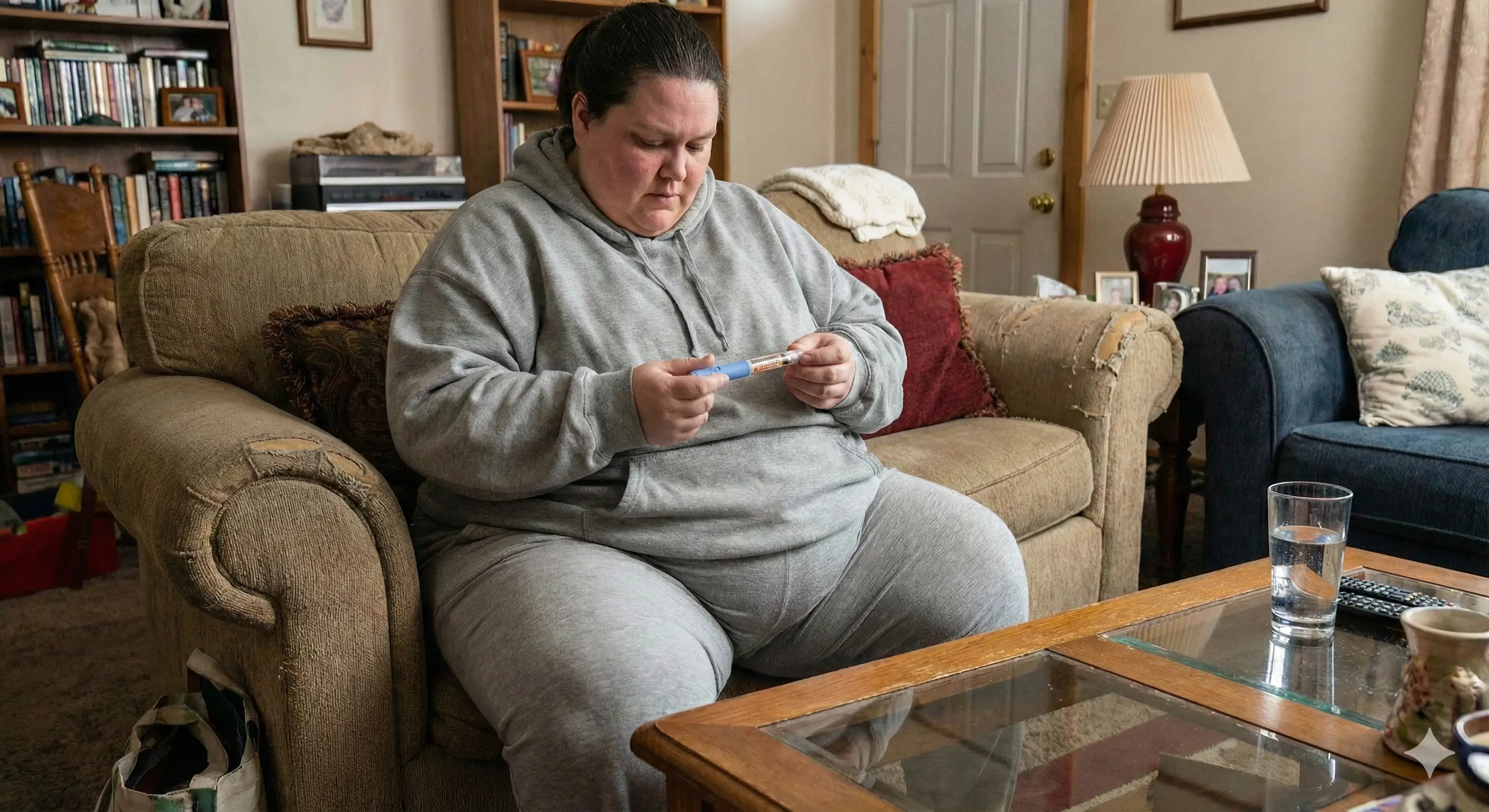 Une femme obèse assise dans son salon examine un stylo injecteur d'Ozempic.
