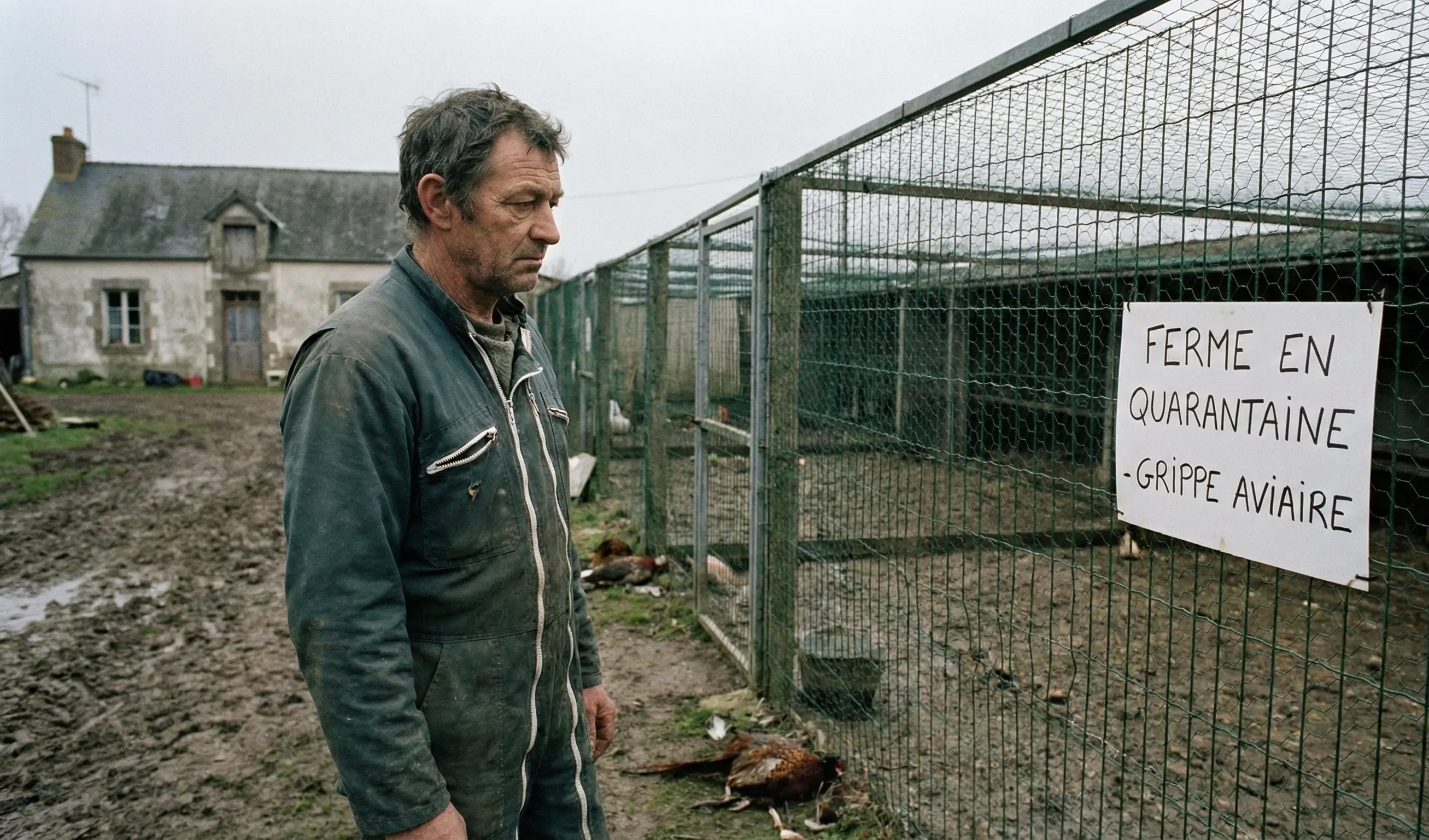 Un éleveur accablé devant sa ferme mise en quarantaine pour cause de grippe aviaire, comme l'indique un panneau manuscrit.