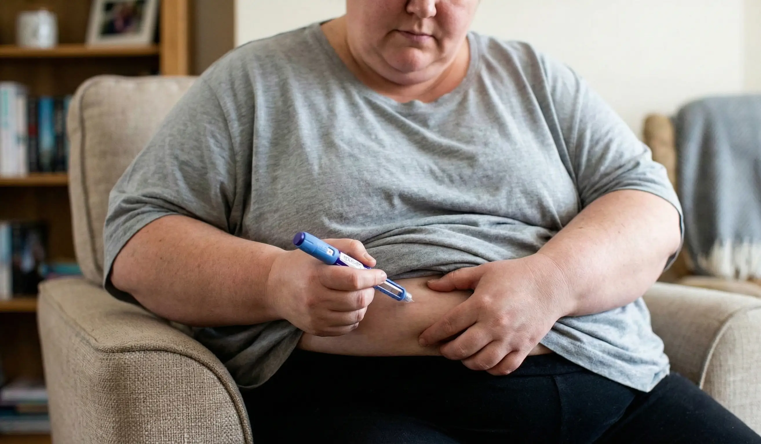 Personne obèse se piquant avec une seringue de SAXENDA