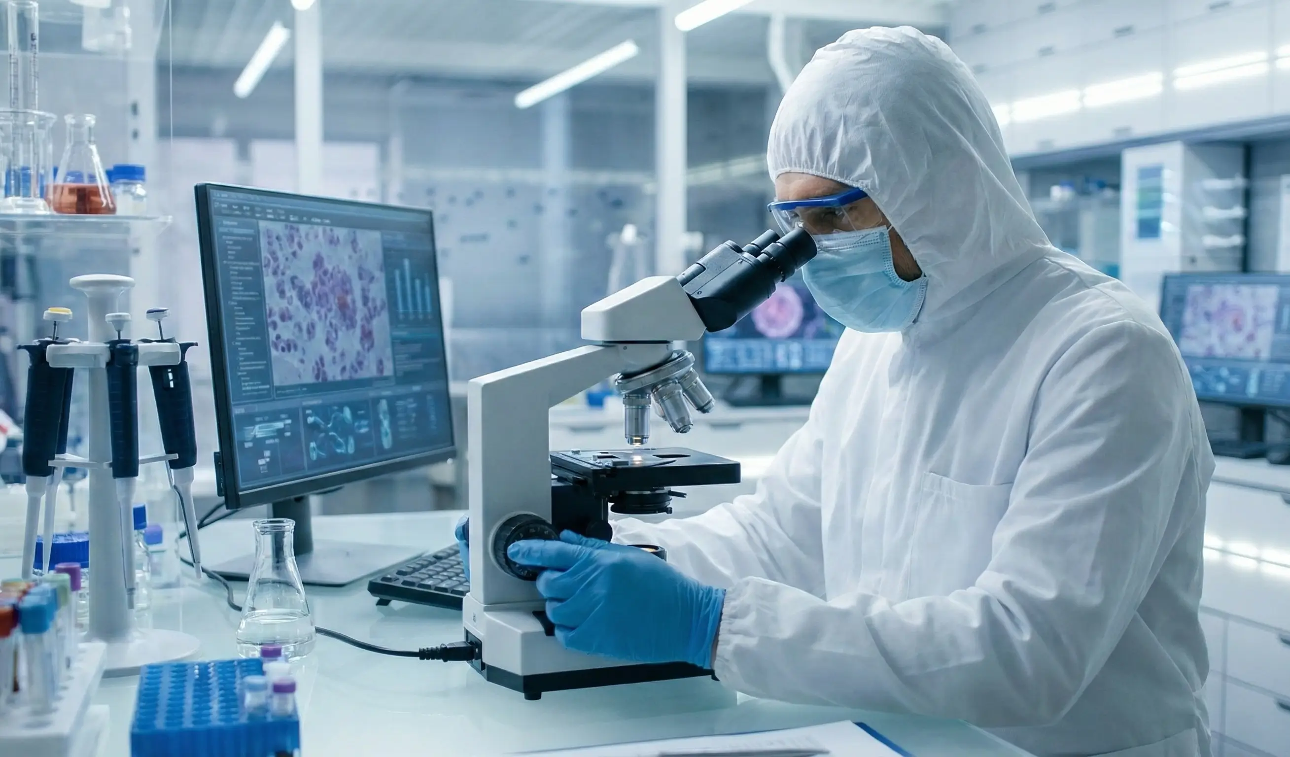 Scientifique en combinaison de protection complète et gants bleus utilise un microscope binoculaire dans un laboratoire de haute technologie.