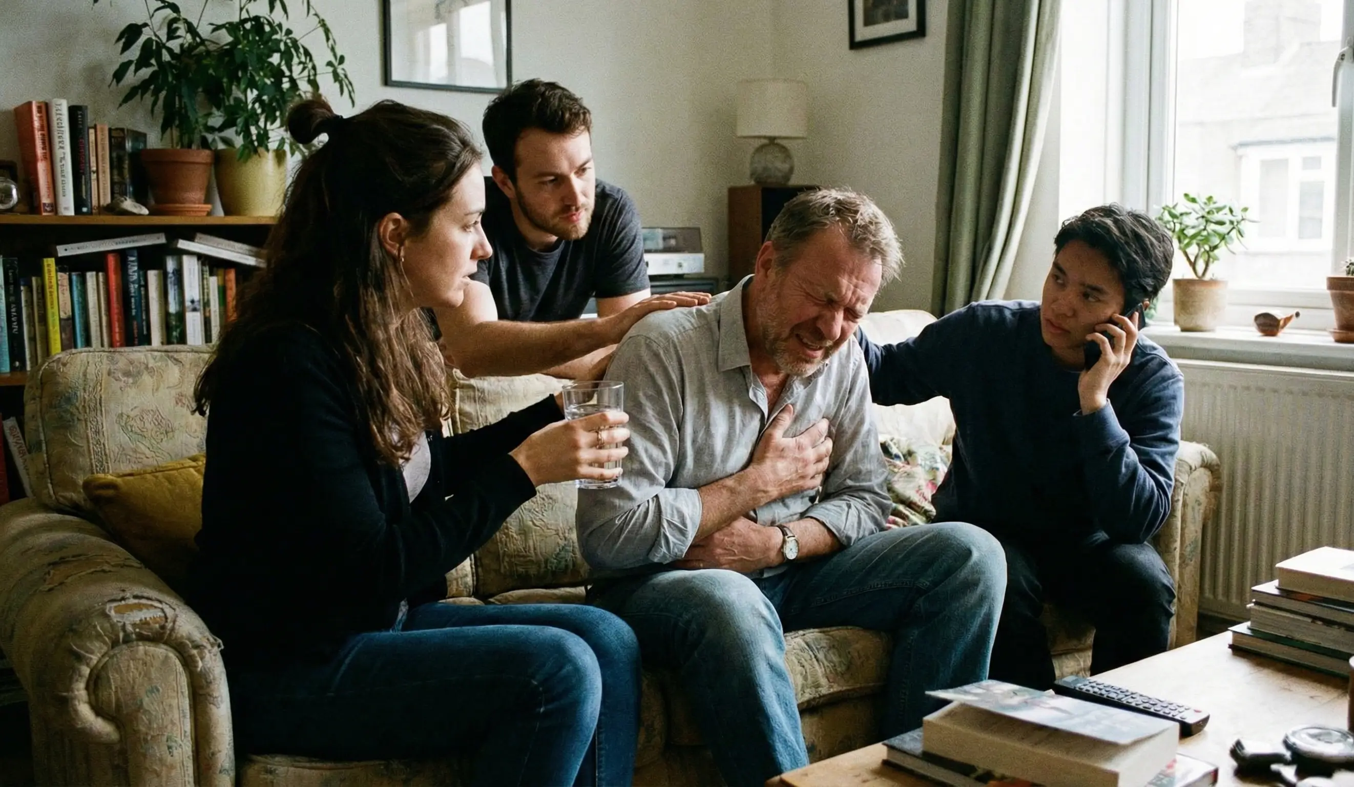 Un homme d'âge moyen se tenant la poitrine en détresse, entouré de trois amis l'aidant dans un salon.