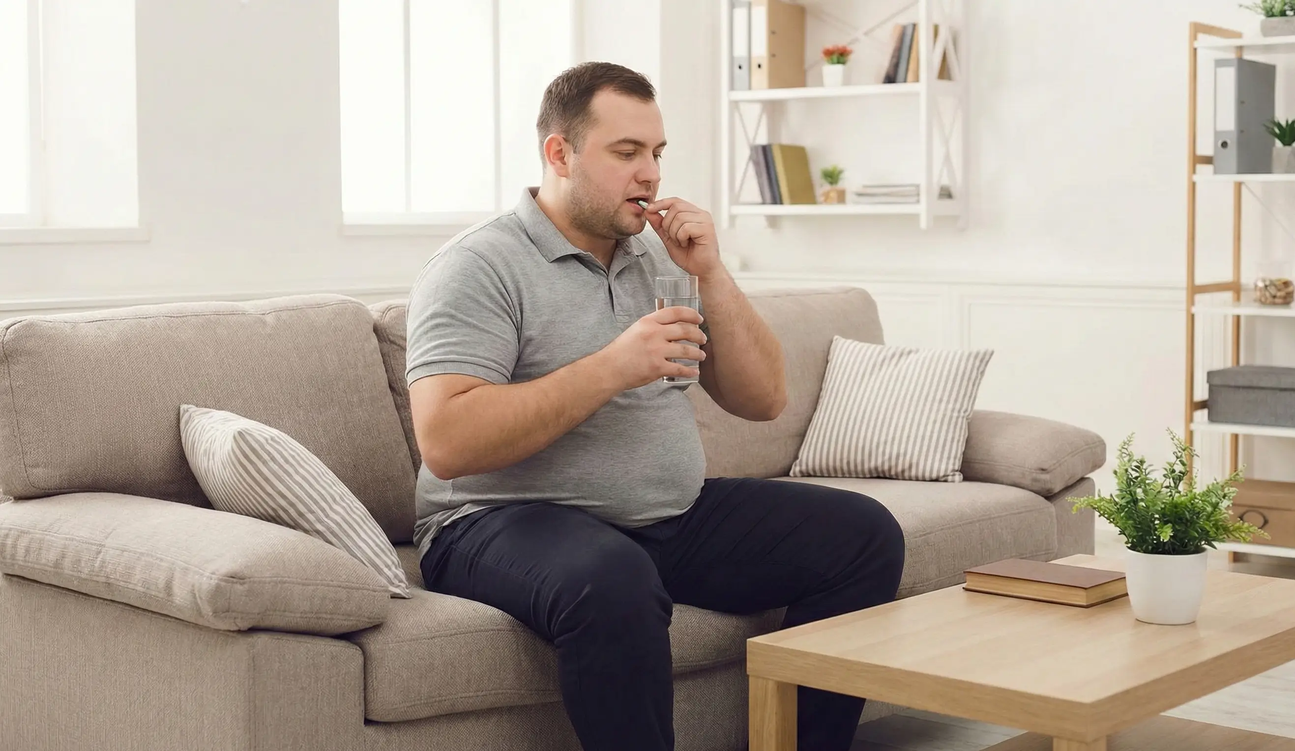 Un homme soigné prenant un comprimé d'Orlistat avec un verre d'eau dans un salon moderne et rangé. Cette scène réaliste illustre une routine de santé quotidienne dans un cadre de vie propre et lumineux.
