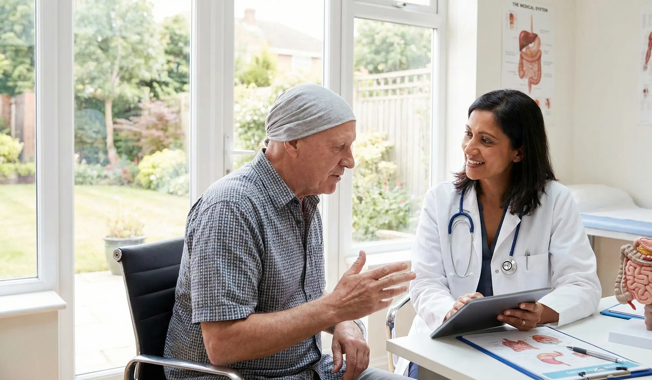Consultation médicale entre un oncologue et un patient atteint de cancer discutant du protocole de soins et du suivi thérapeutique.
