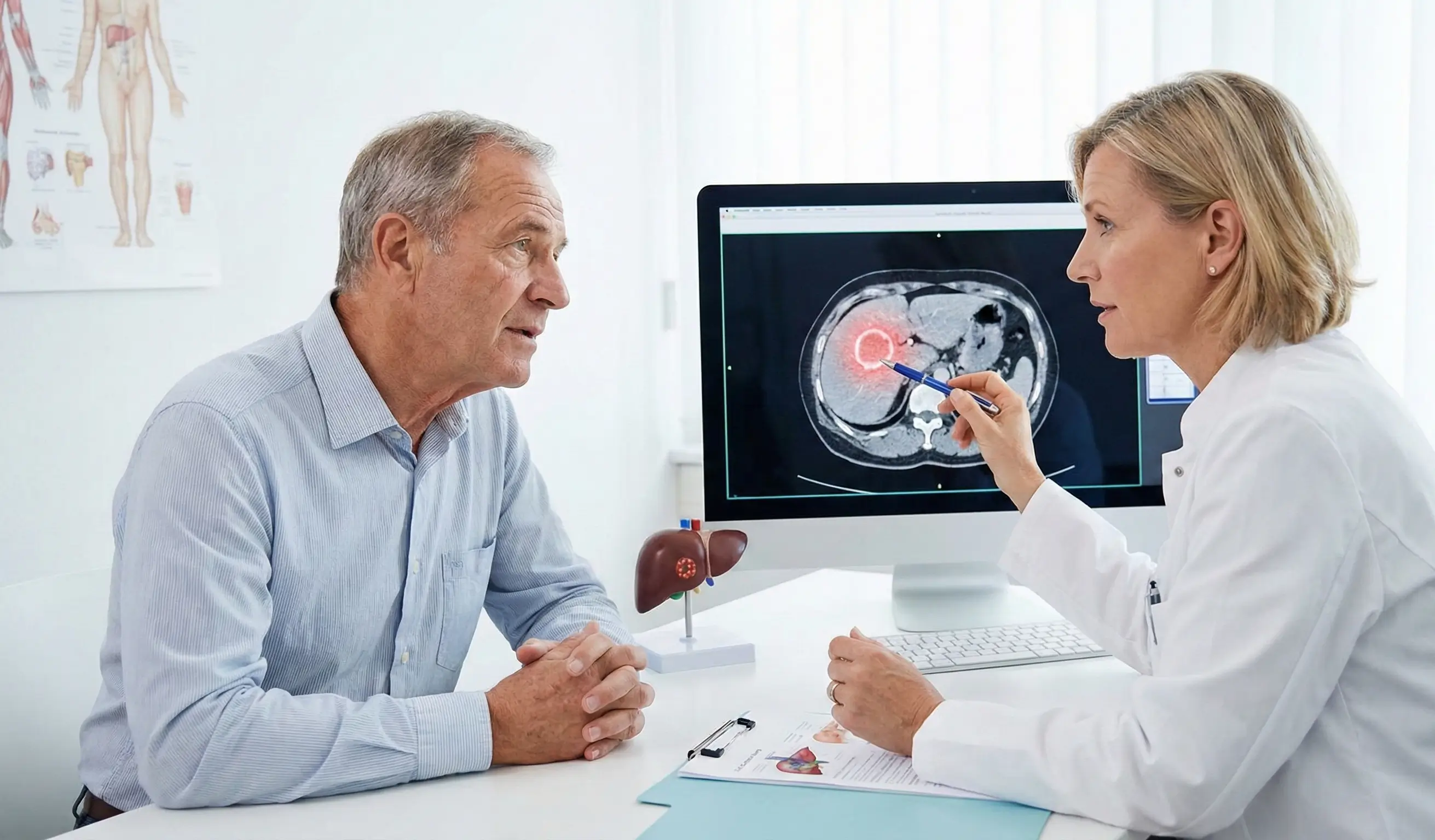Consultation médicale où un médecin explique un diagnostic de cancer du foie à un patient devant un écran de scanner.