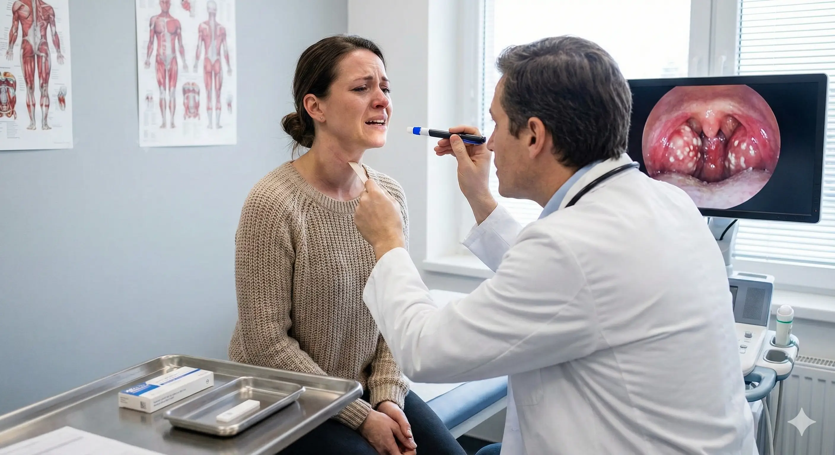 Consultation médicale pour angine bactérienne médecin réalisant un examen des amygdales pultacées avec un test TROD de dépistage du streptocoque.