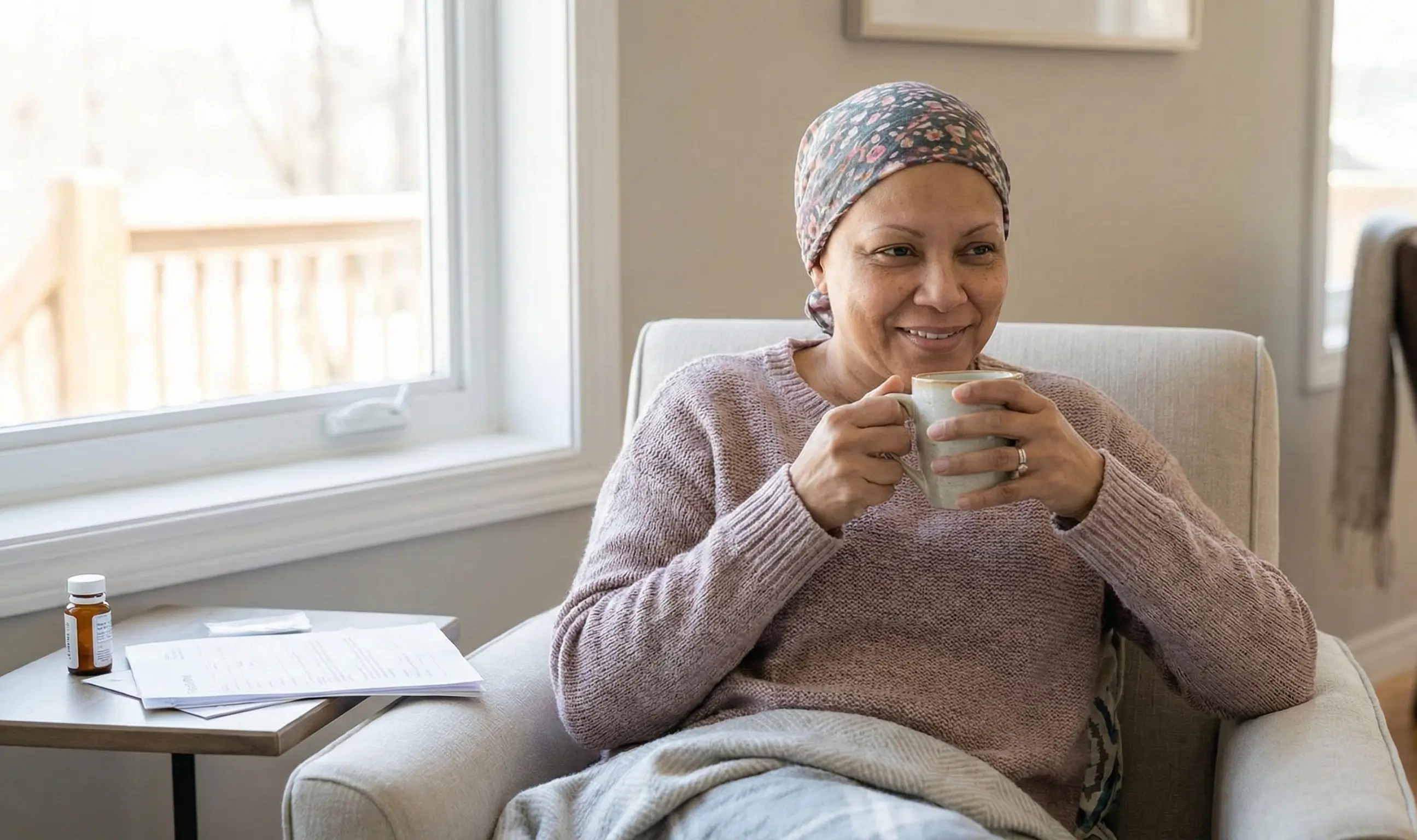Femme atteinte d'un cancer portant un foulard, illustrant le quotidien du suivi médical et de la convalescence à domicile.