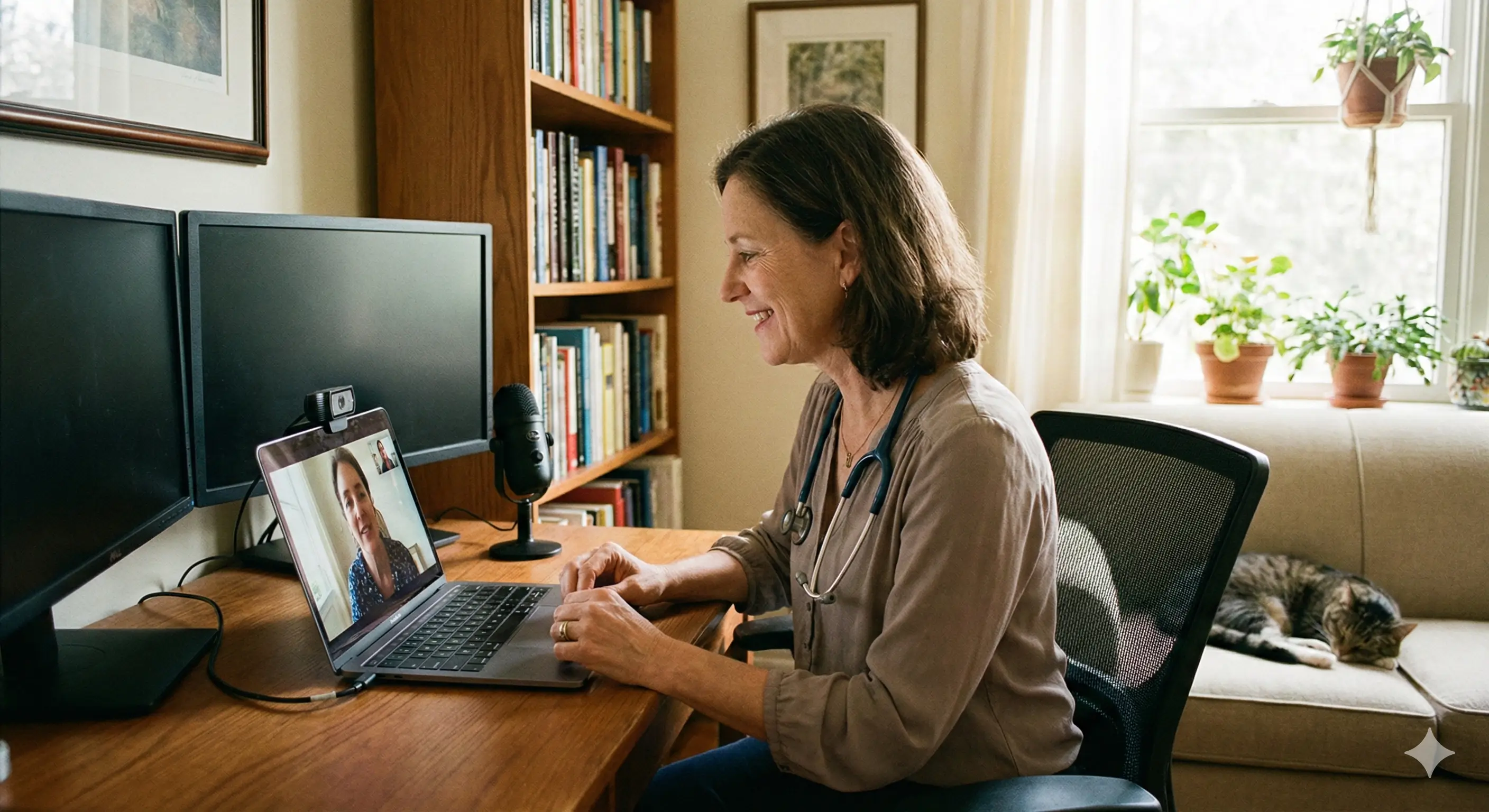 Femme médecin souriante en téléconsultation depuis son bureau à domicile avec un ordinateur portable.
