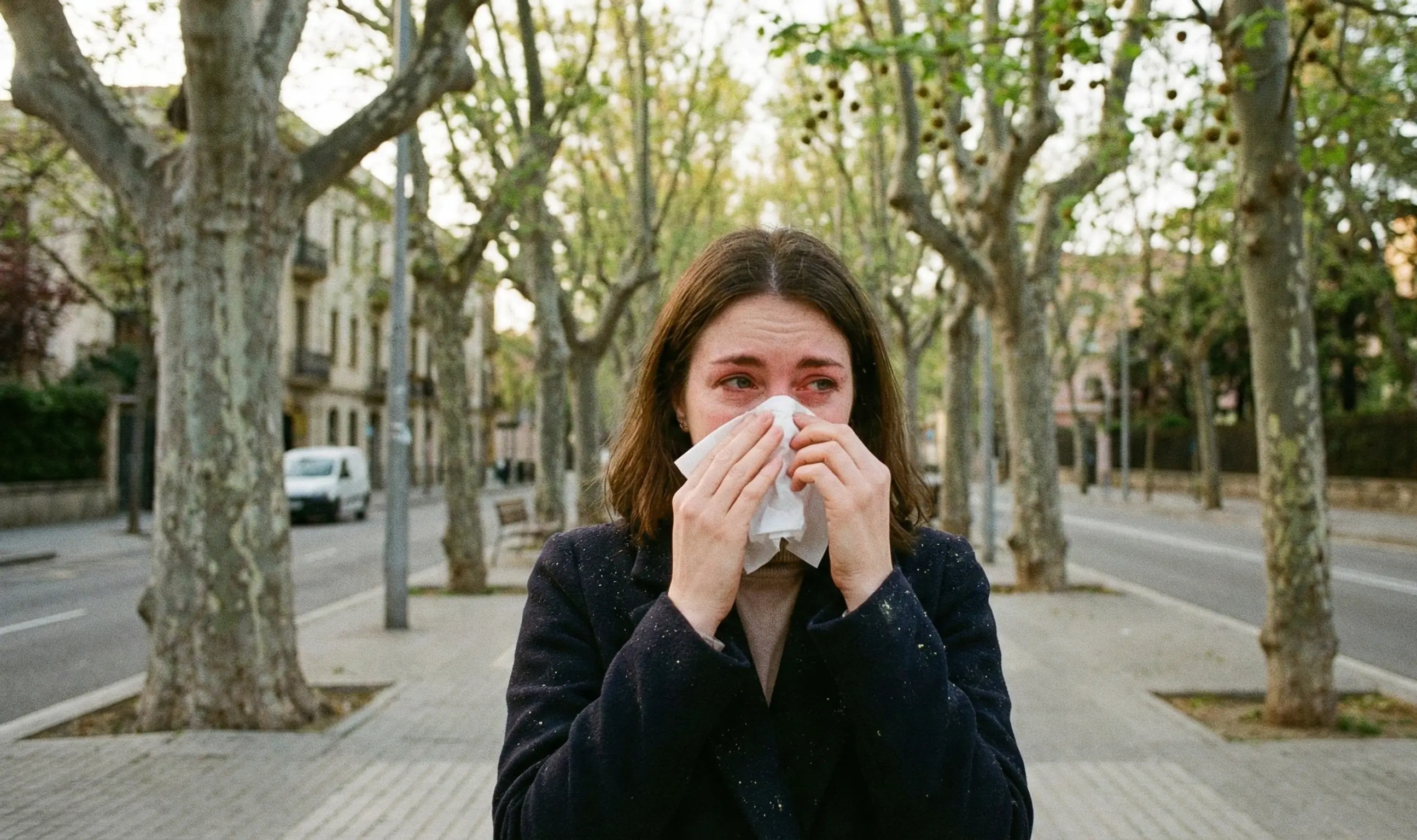 Femme souffrant d'allergie aux platanes éternuant dans un mouchoir sur une rue bordée d'arbres.