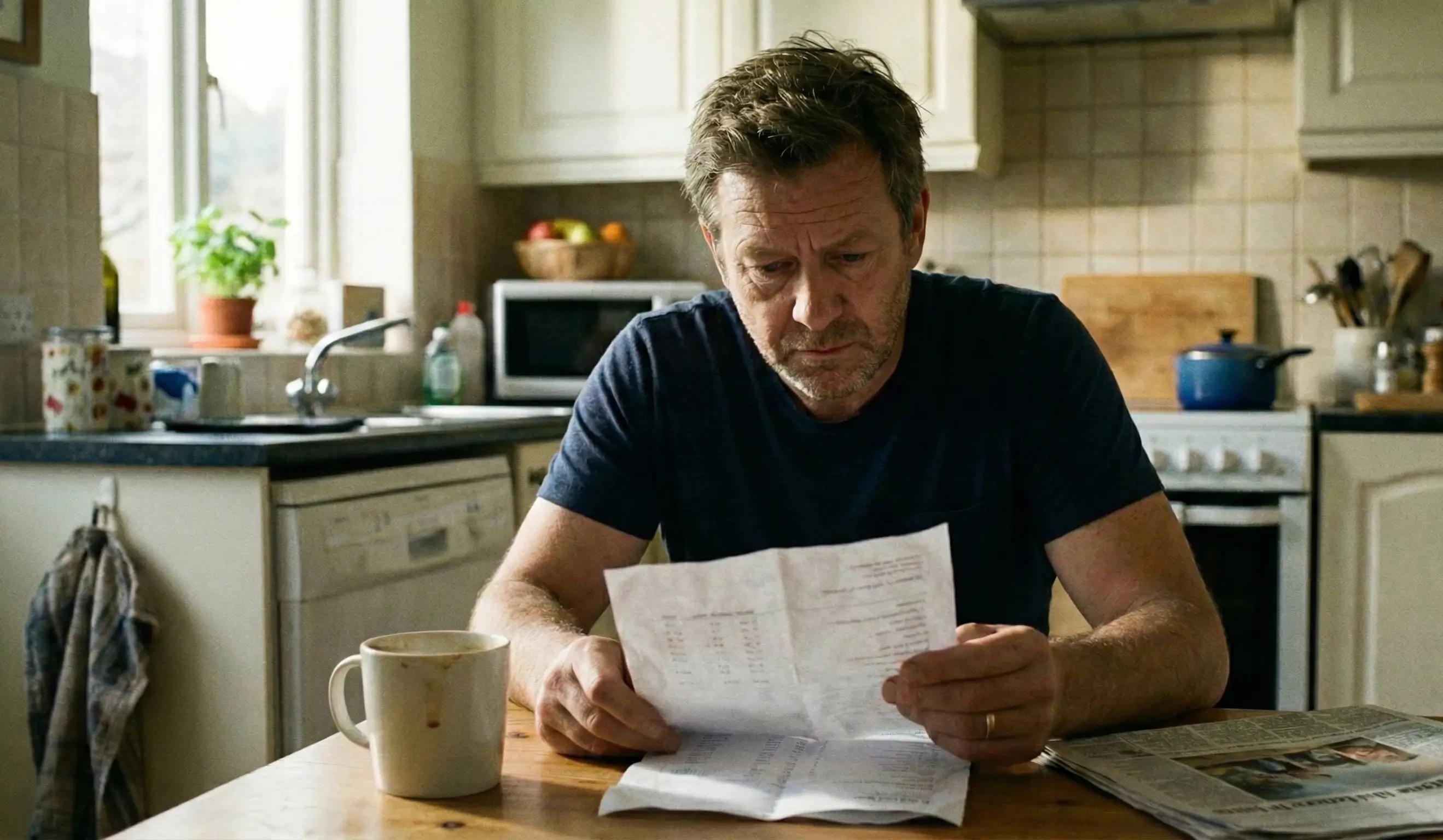 Homme consultant ses résultats de prise de sang assis dans sa cuisine.