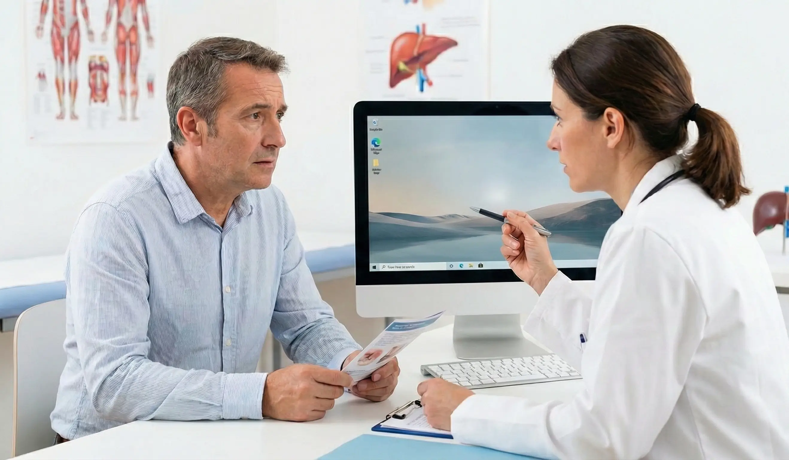 Médecin derrière son bureau expliquant les risques et causes de l'hépatite B