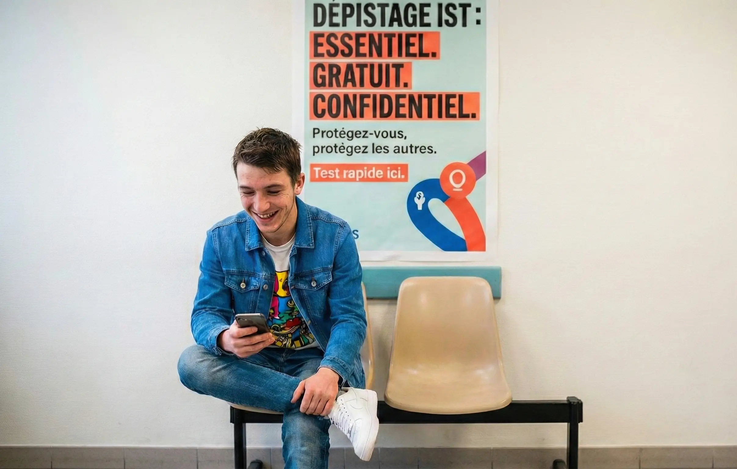 Un jeune homme souriant regarde son téléphone, assis seul dans une salle d'attente lumineuse devant une grande affiche promouvant le dépistage des IST, essentiel, gratuit et confidentiel.