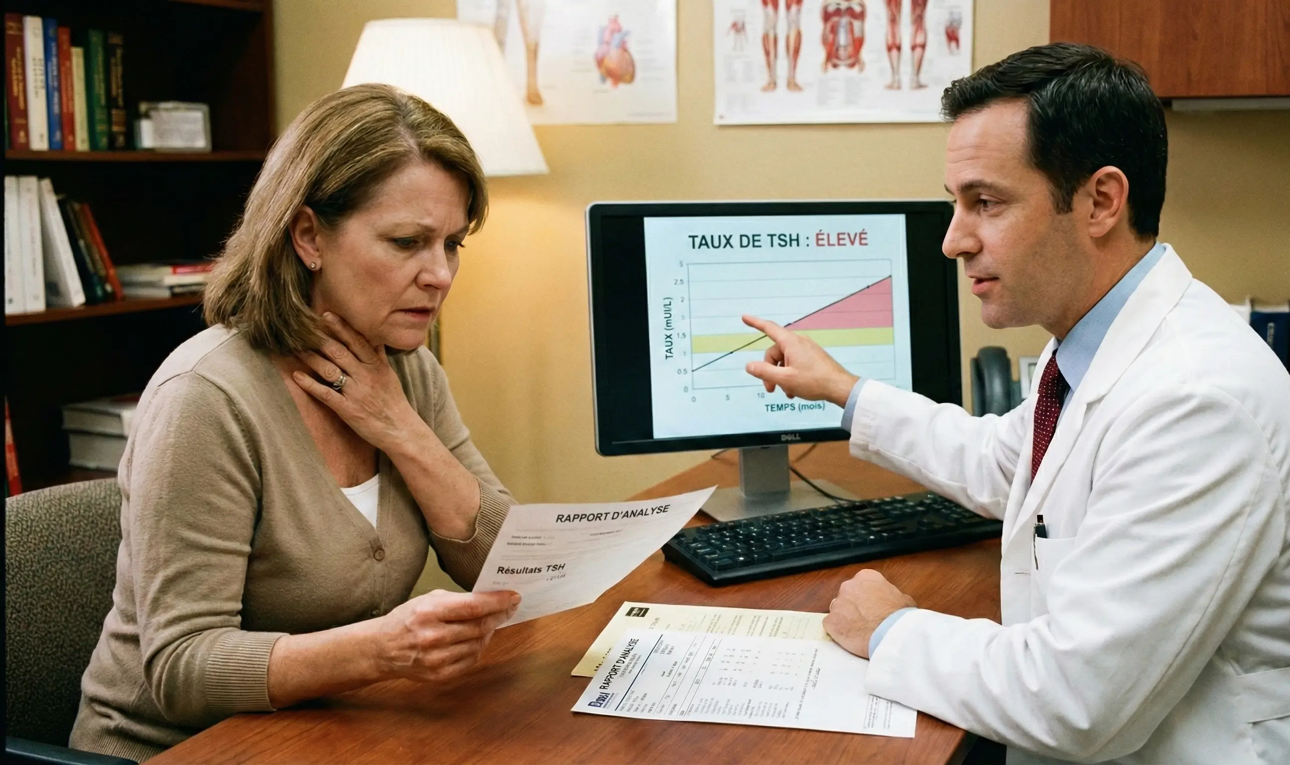 Un médecin dans son cabinet explique un graphique indiquant un taux de TSH élevé sur son écran à une patiente.