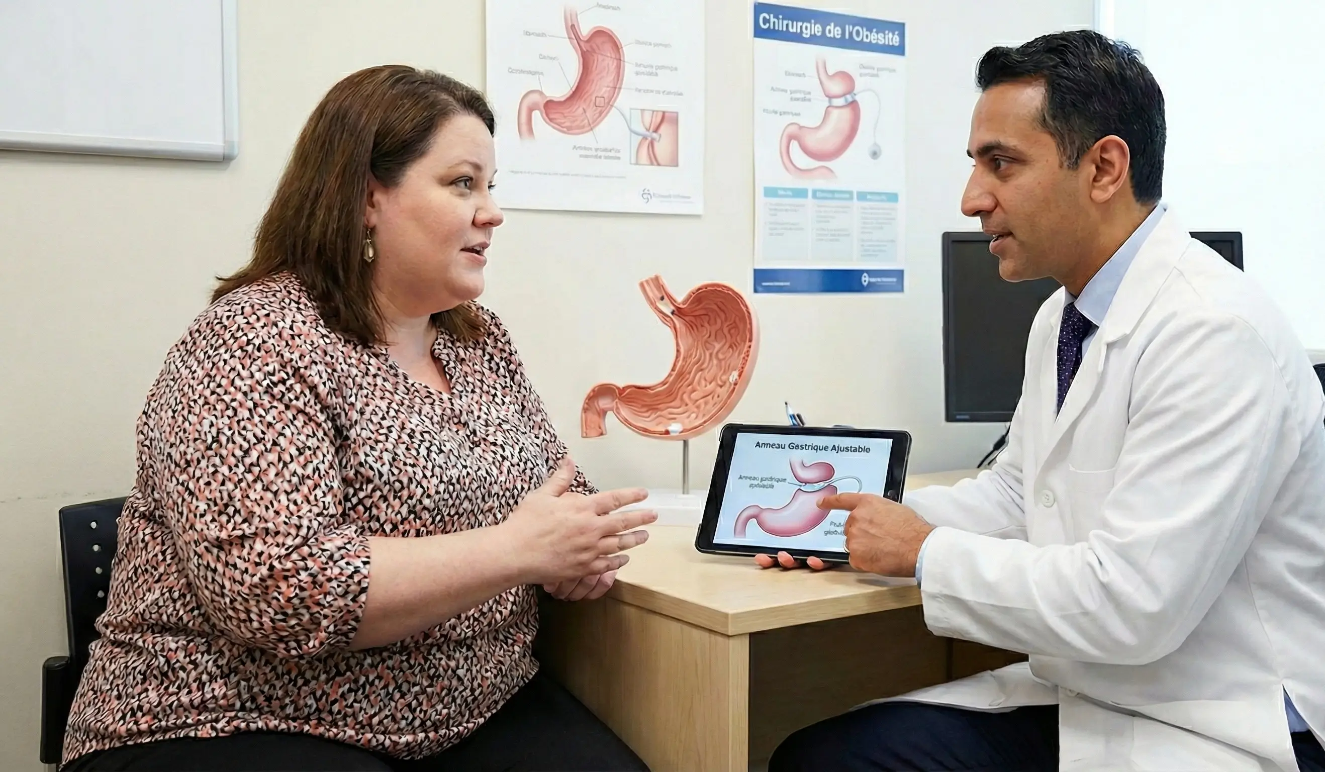 Un médecin discute de la chirurgie de l'anneau gastrique avec une patiente dans son cabinet, en s'appuyant sur une tablette et un modèle anatomique.