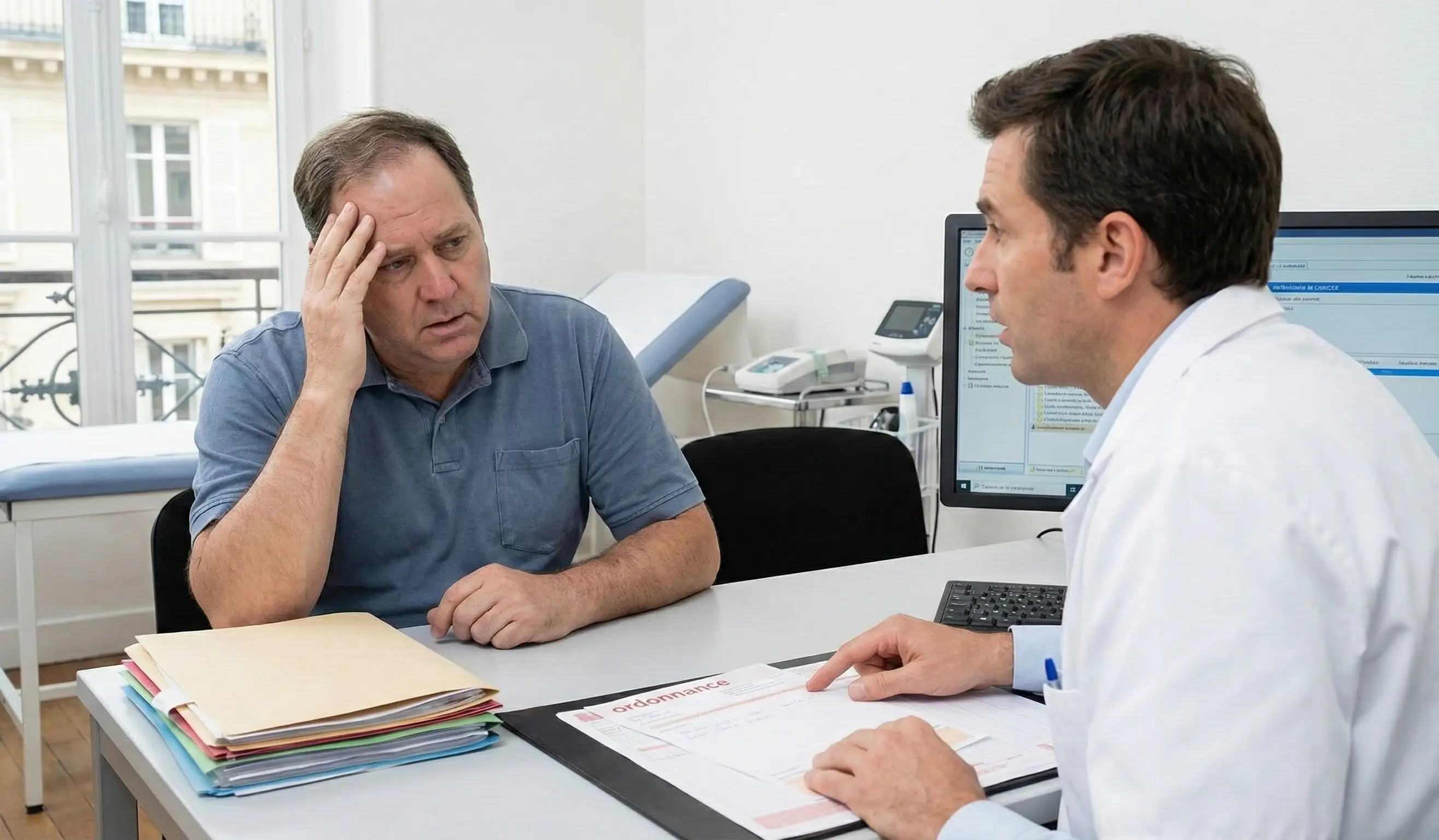 Un médecin en blouse blanche expliquant une ordonnance à un patient à l'air préoccupé dans un cabinet médical français.