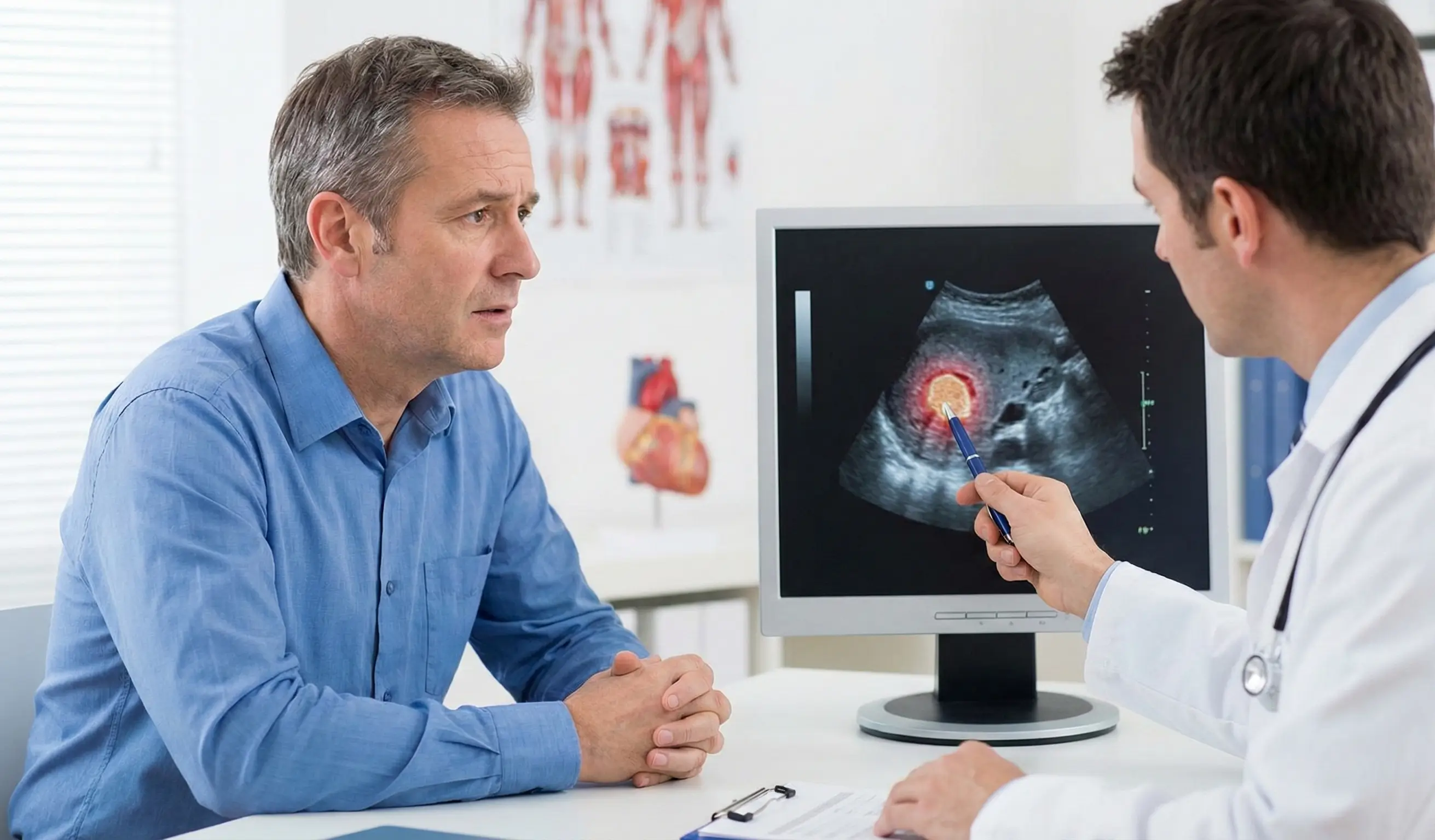Un médecin en blouse blanche explique un résultat d'examen médical sur un écran d'ordinateur à un patient attentif lors d'une consultation.