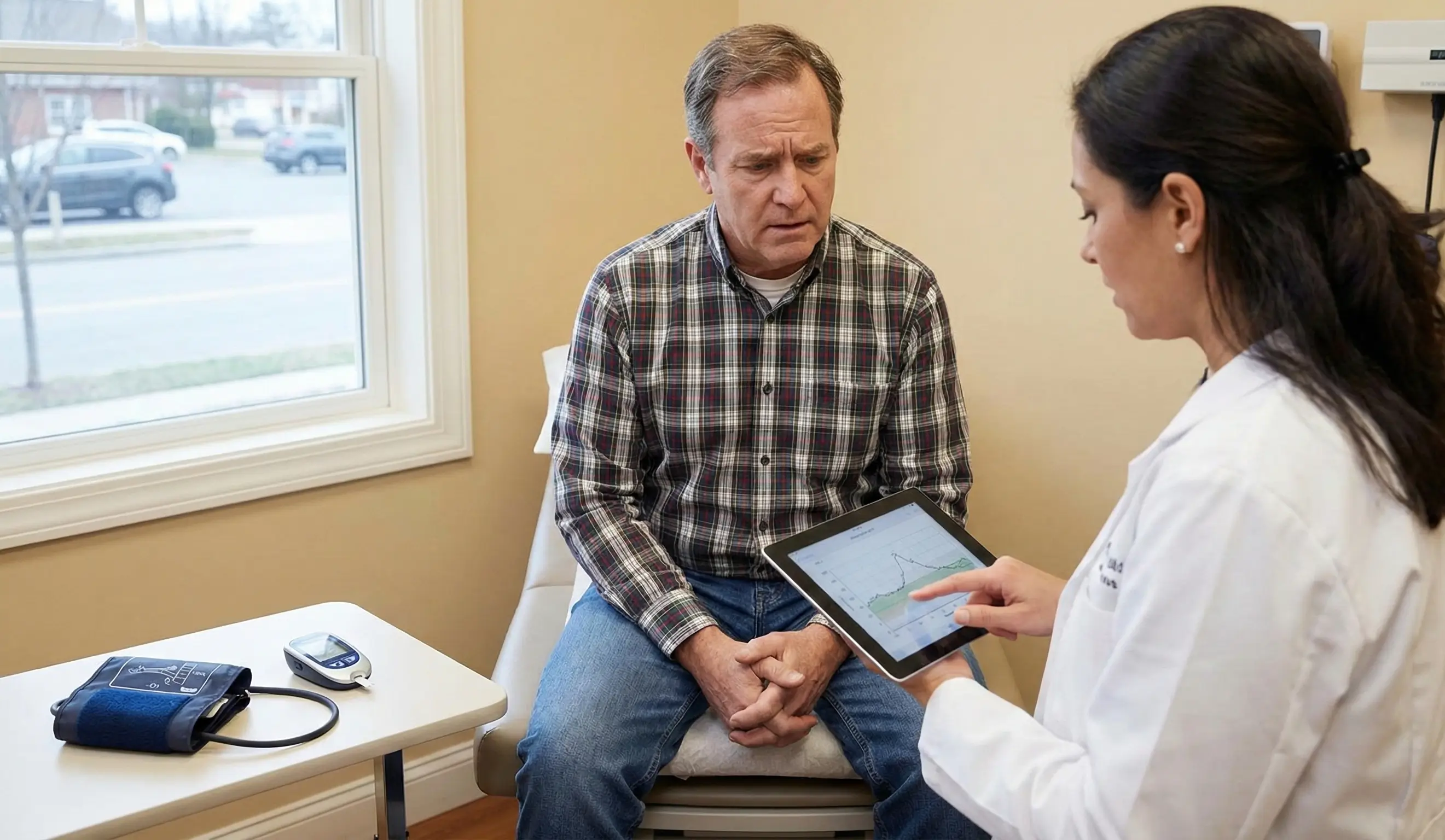 Un médecin montre des résultats de santé sur une tablette à un patient assis dans un cabinet médical.