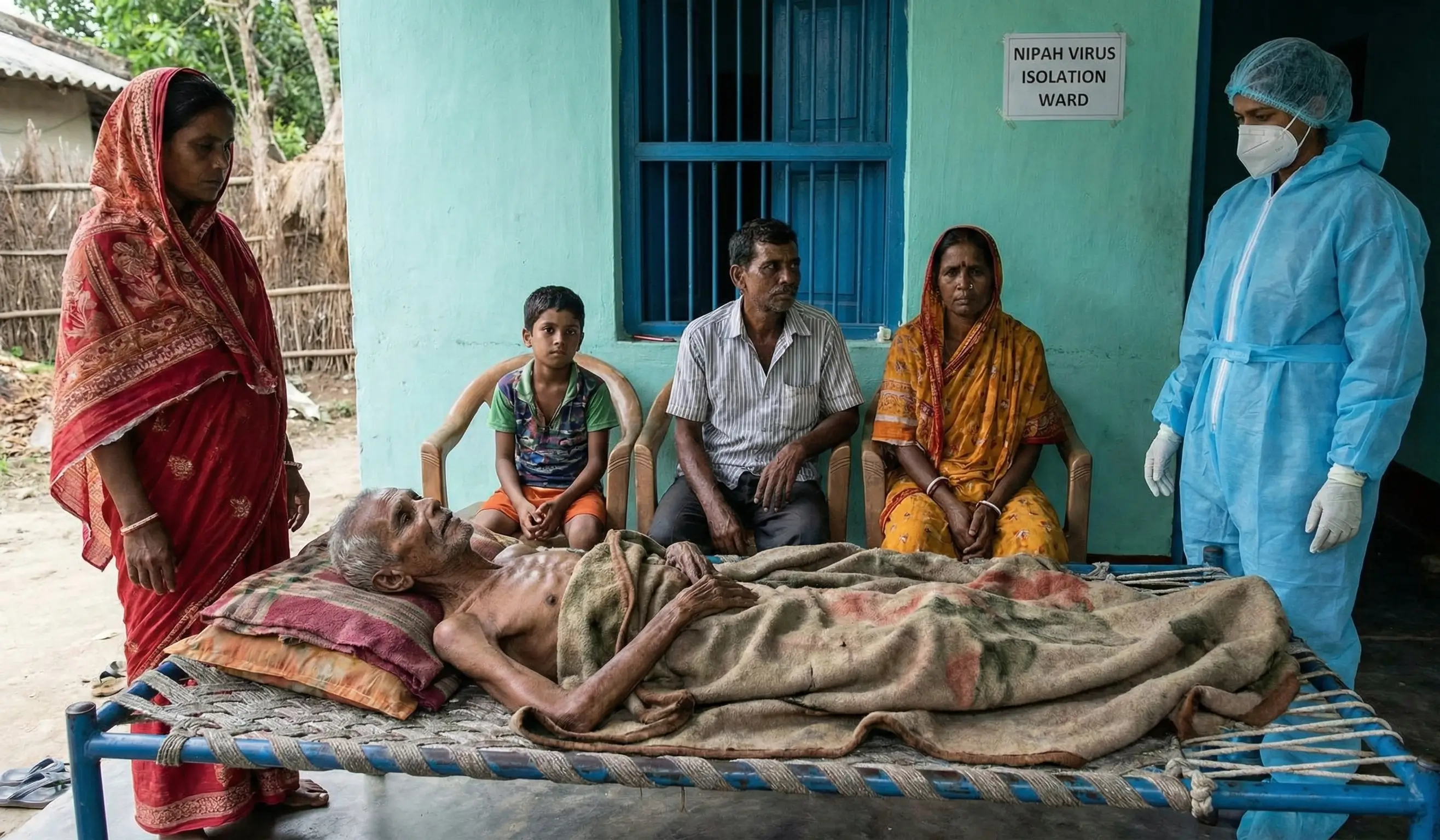 Un patient affaibli par le virus Nipah repose sur un lit devant une unité d'isolement, entouré de sa famille et d'un soignant en tenue de protection.