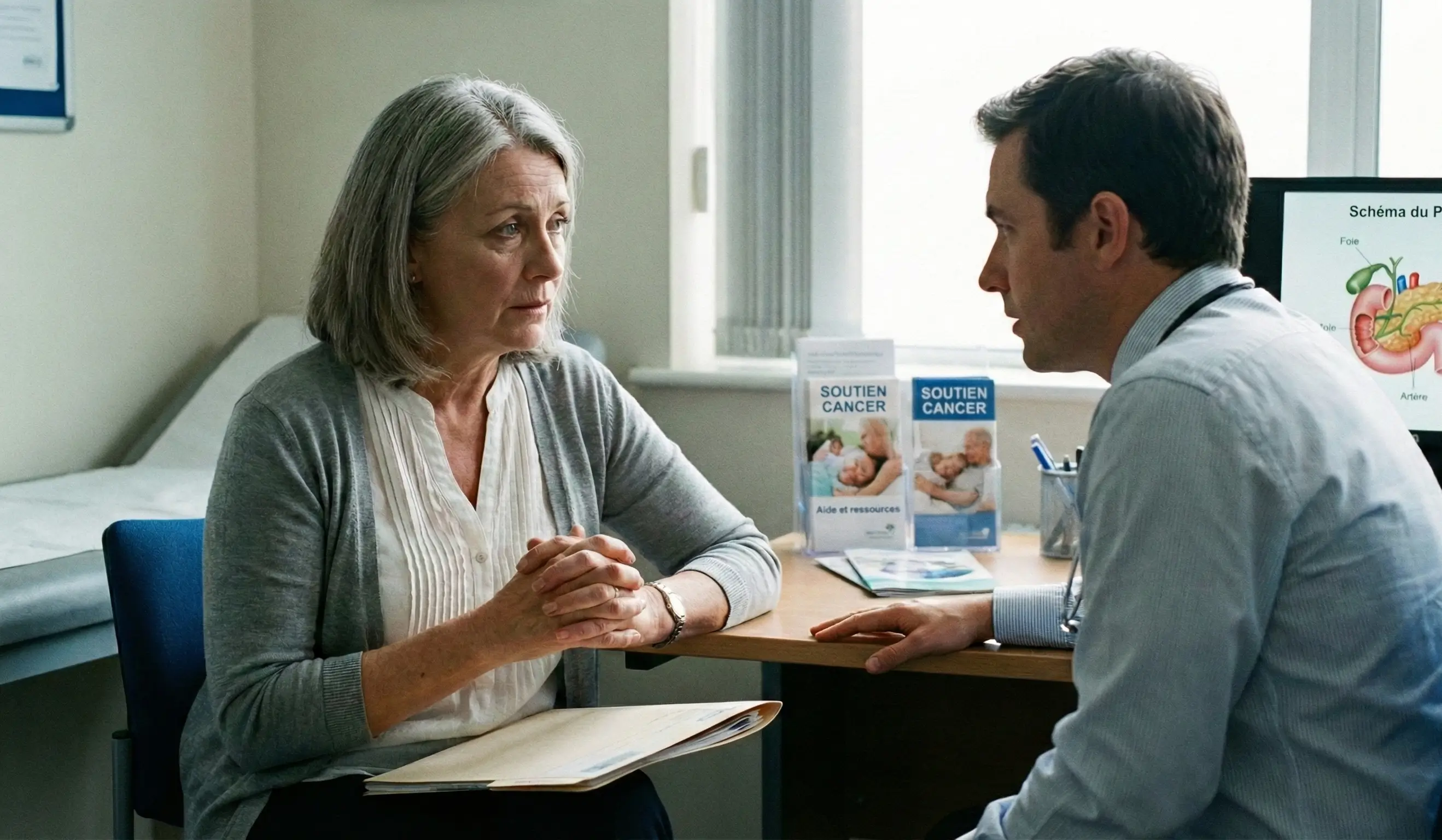 Une femme âgée aux cheveux gris écoute attentivement son médecin généraliste lors d'une consultation médicale concernant son cancer du pancréas.