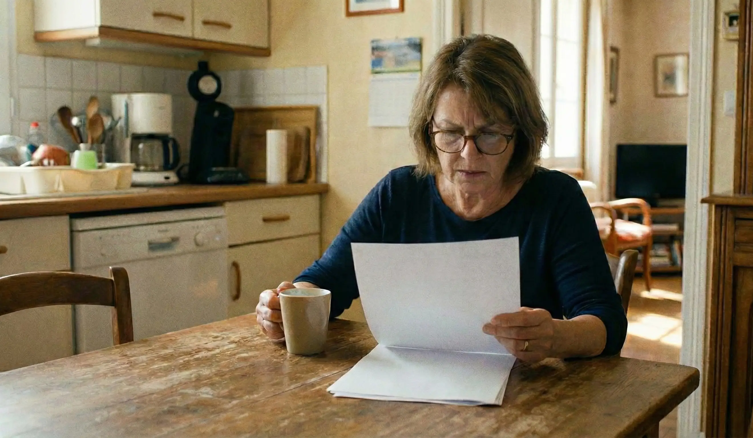 Une femme assise à sa table de cuisine lit attentivement ses résultats de prise de sang.