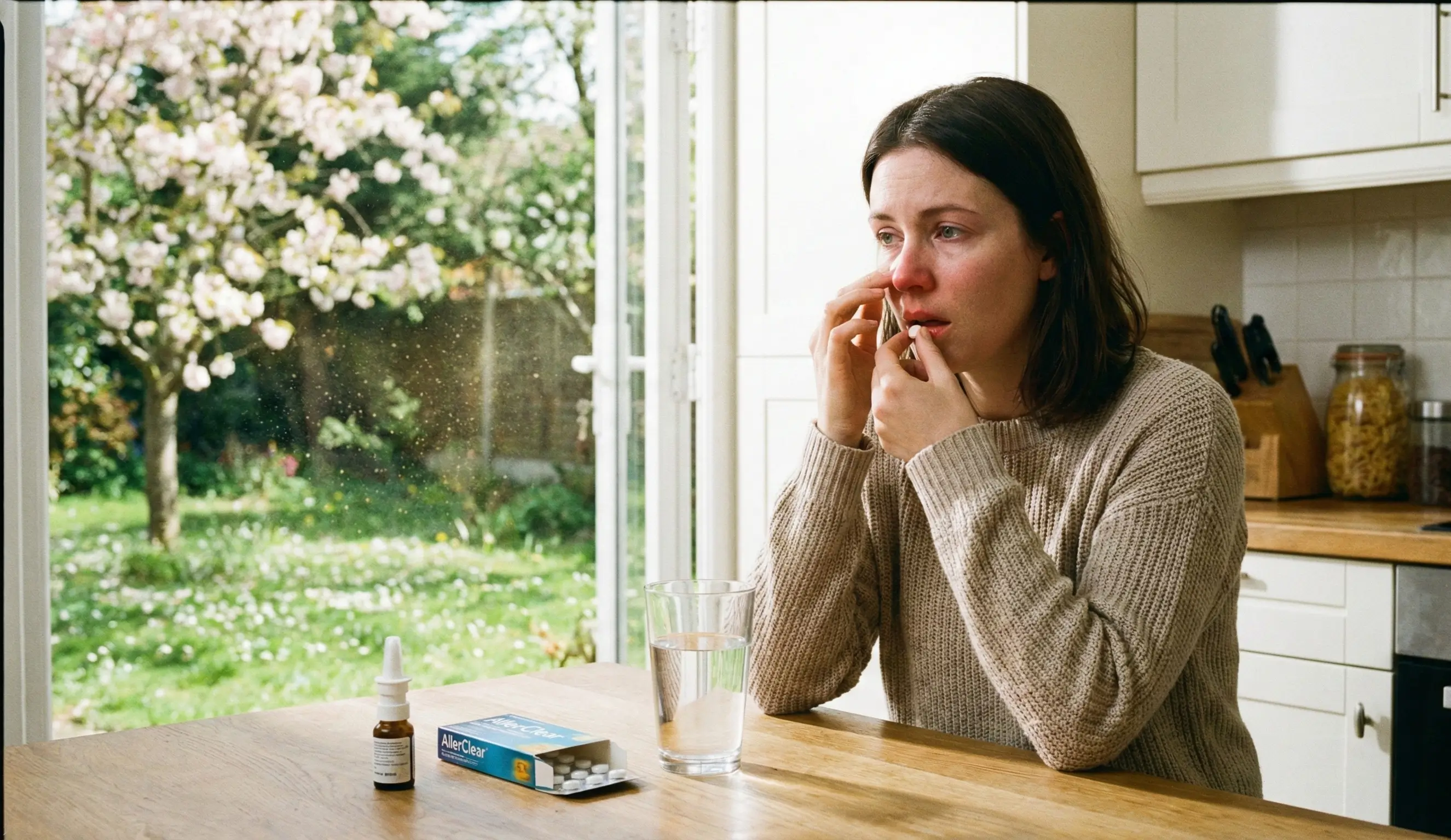 Une femme au nez rougi prend un comprimé antiallergique à sa table de cuisine, devant une fenêtre ouverte sur un jardin printanier chargé de pollen.
