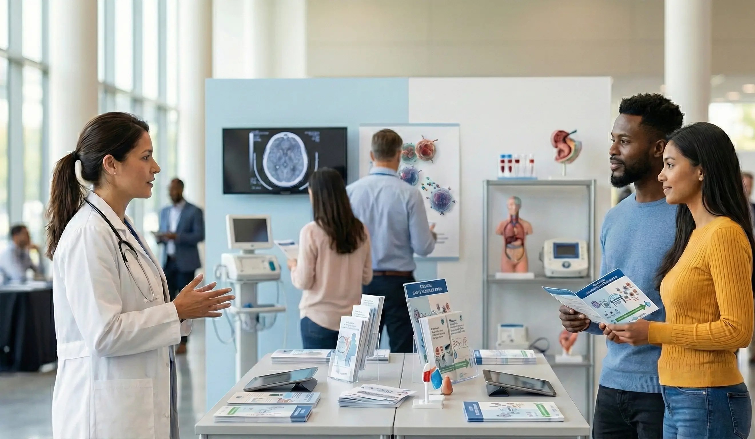 Une médecin discute des informations sur la prévention et le traitement du VIH avec un couple devant un stand médical lors d'une conférence.