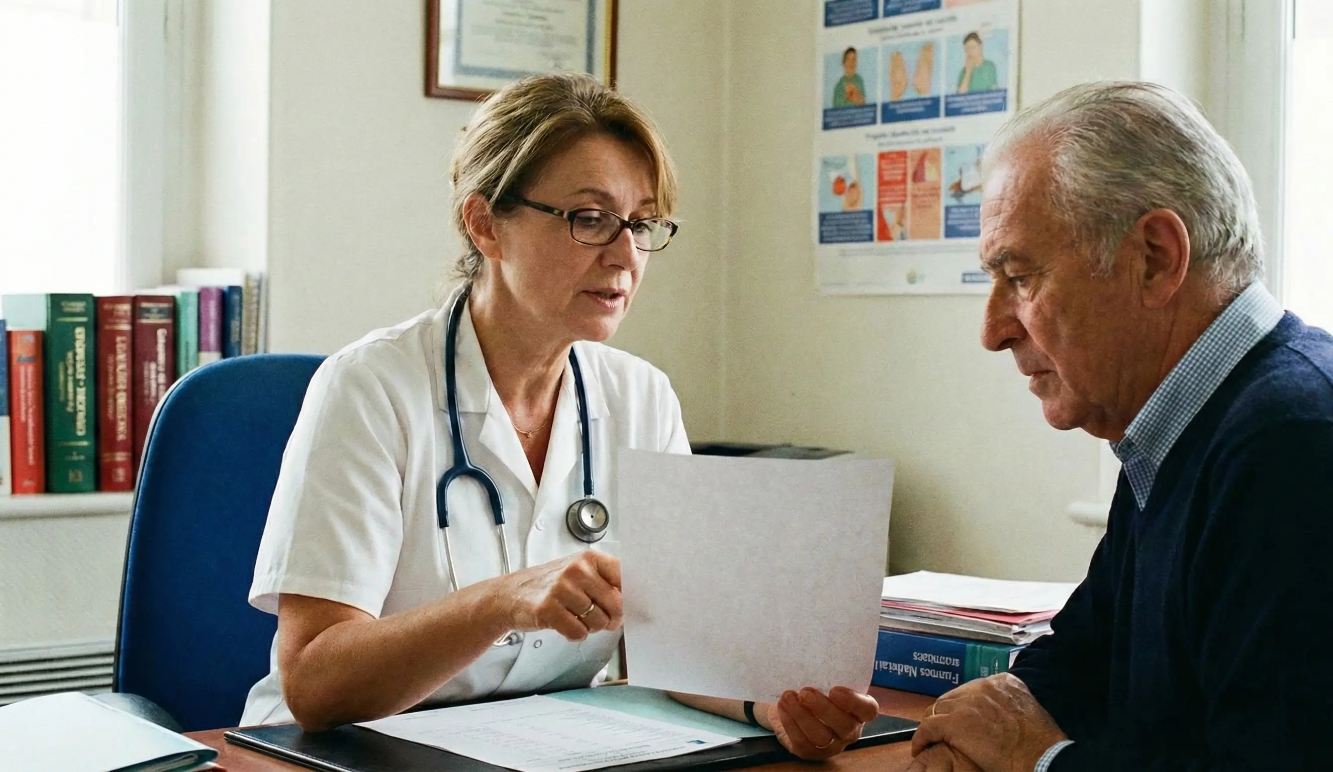 Une médecin et un patient examinent un résultat de prise de sang lors d'une consultation médicale.