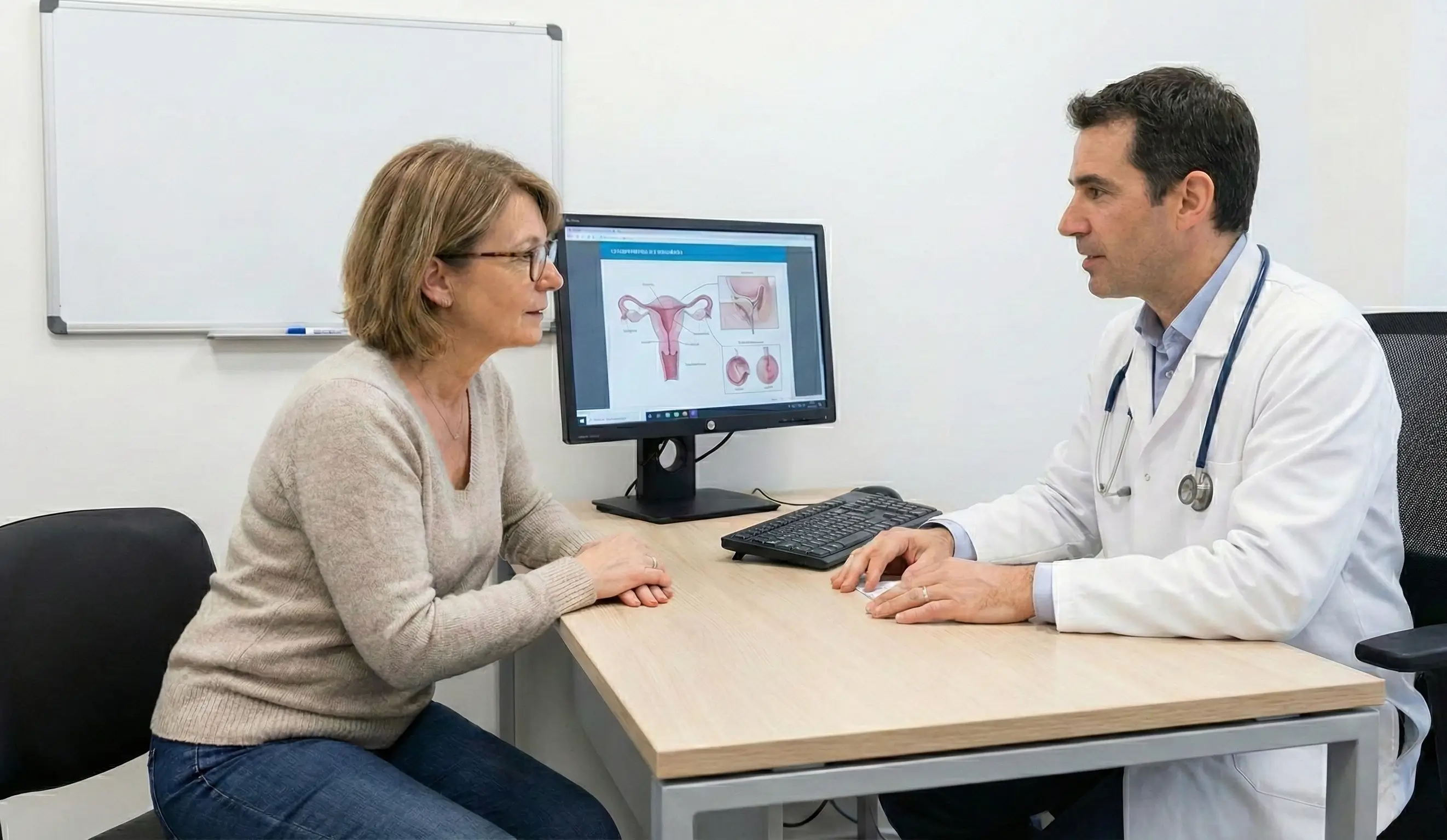 Une patiente échange avec son médecin dans un cabinet médical au sujet du cancer de l'endomètre, illustré par des schémas anatomiques sur l'écran d'ordinateur.