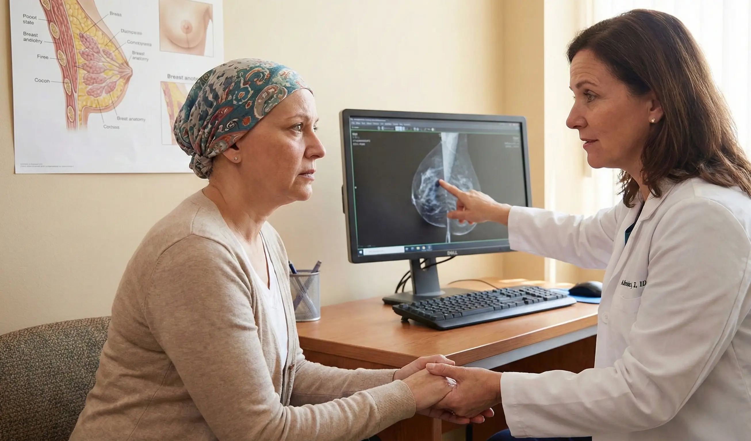 Une patiente et son médecin discutant des résultats d'une mammographie lors d'une consultation pour un cancer du sein.