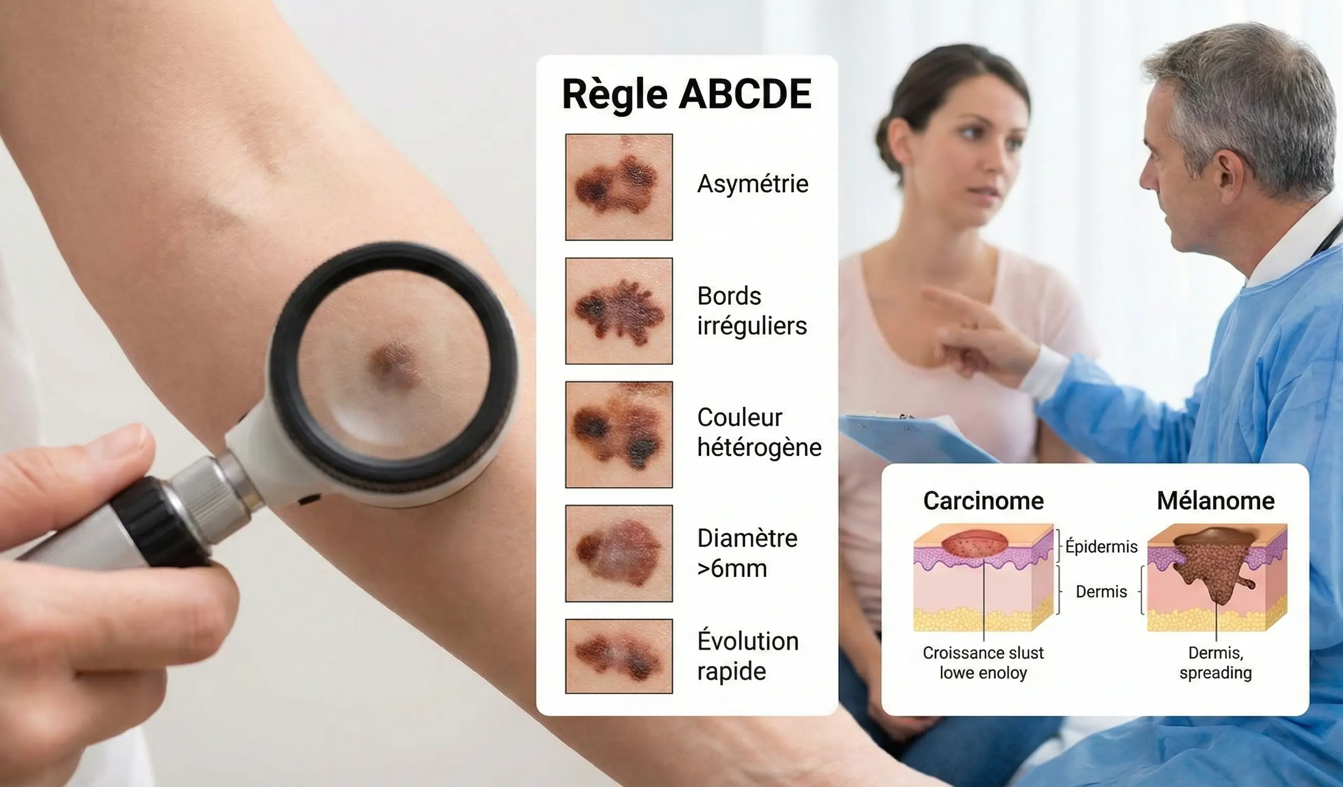 Consultation médicale et schémas explicatifs ABCDE pour le dépistage du cancer de la peau
