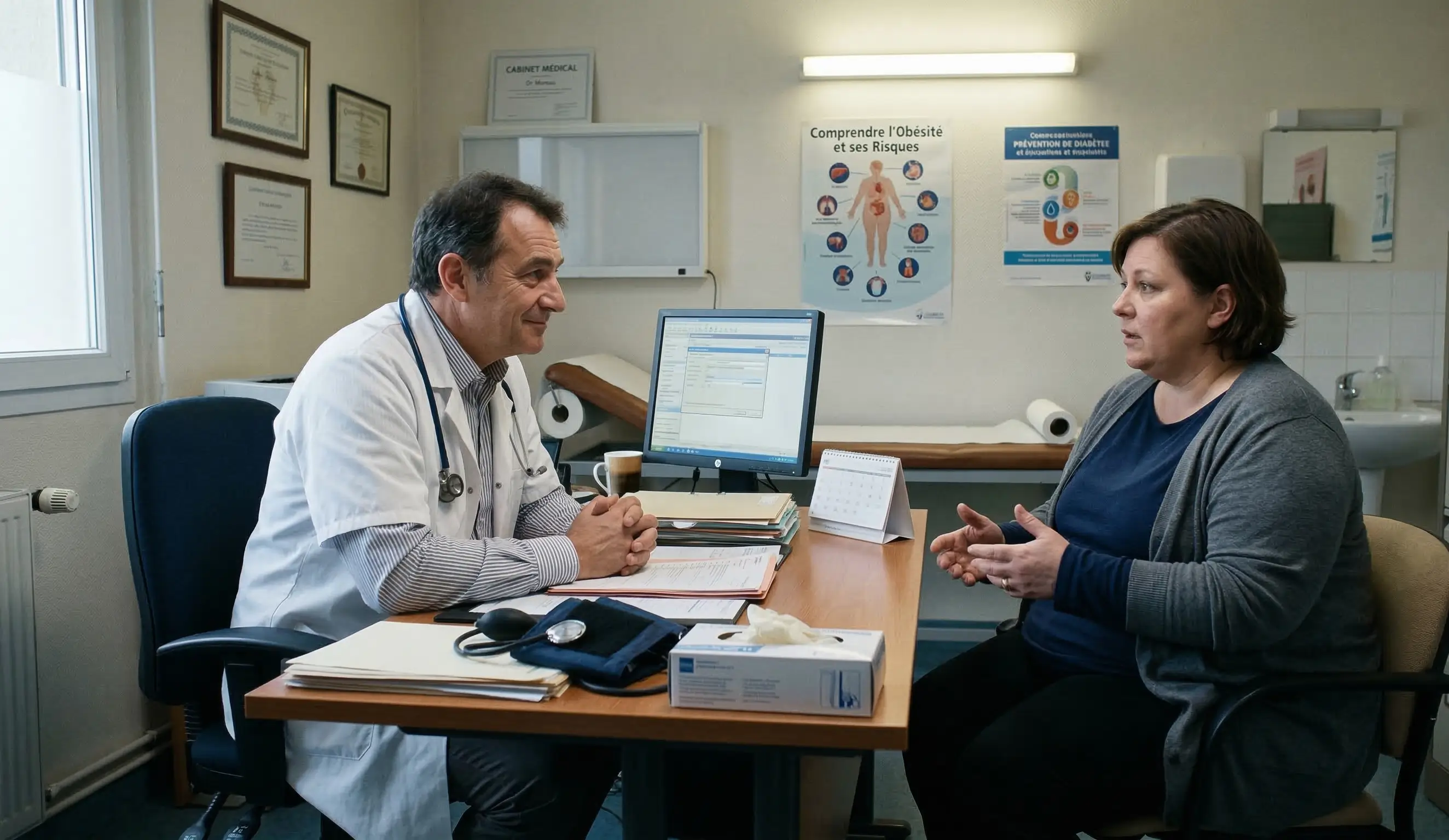 Consultation en cabinet médical un médecin et une patiente discutant de la prise en charge de l'obésité sévère.