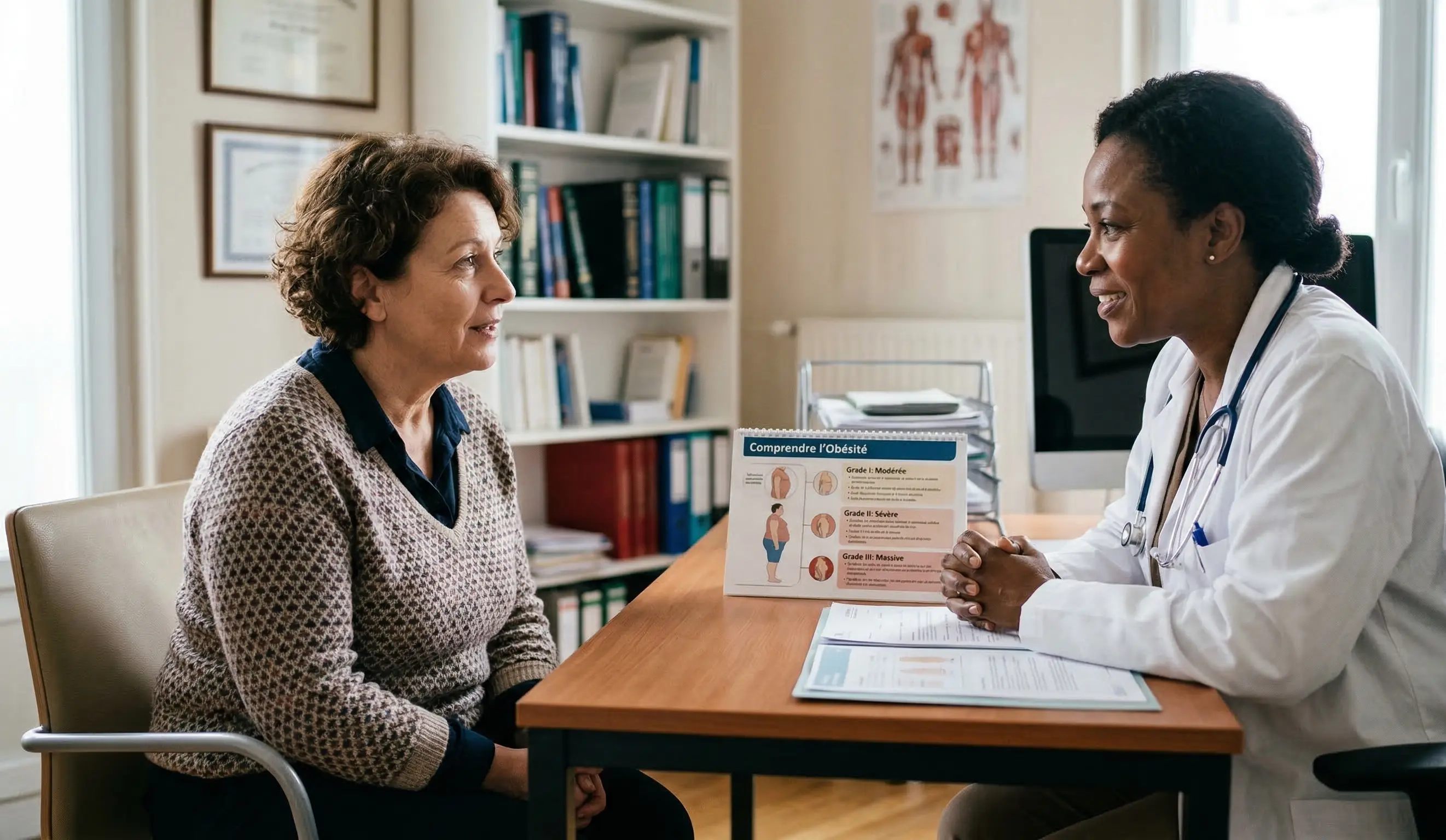 Consultation médicale entre une femme médecin et sa patiente portant sur une brochure d'information intitulée « Comprendre l’Obésité ».