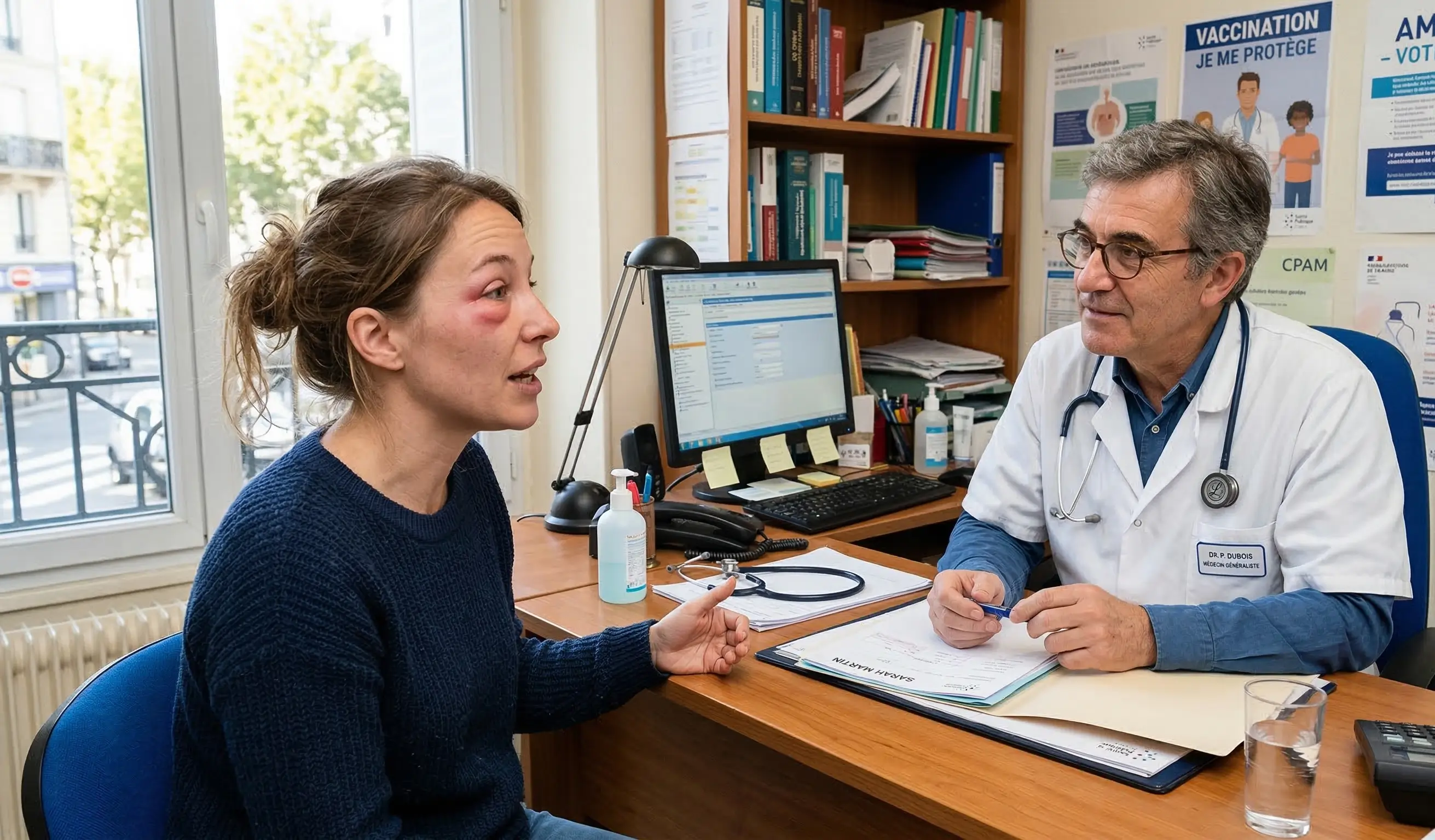 Consultation médicale pour une piqûre à l'œil chez un généraliste en France.