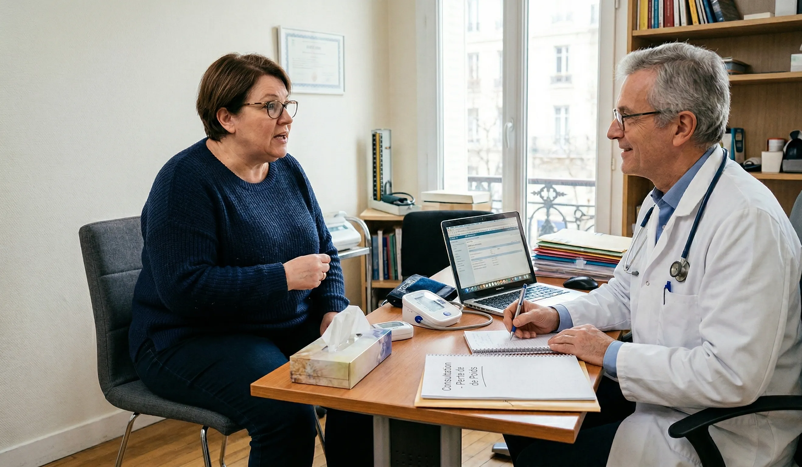 Femme en consultation avec son médecin dans un cabinet médical pour discuter d'un objectif de perte de poids.