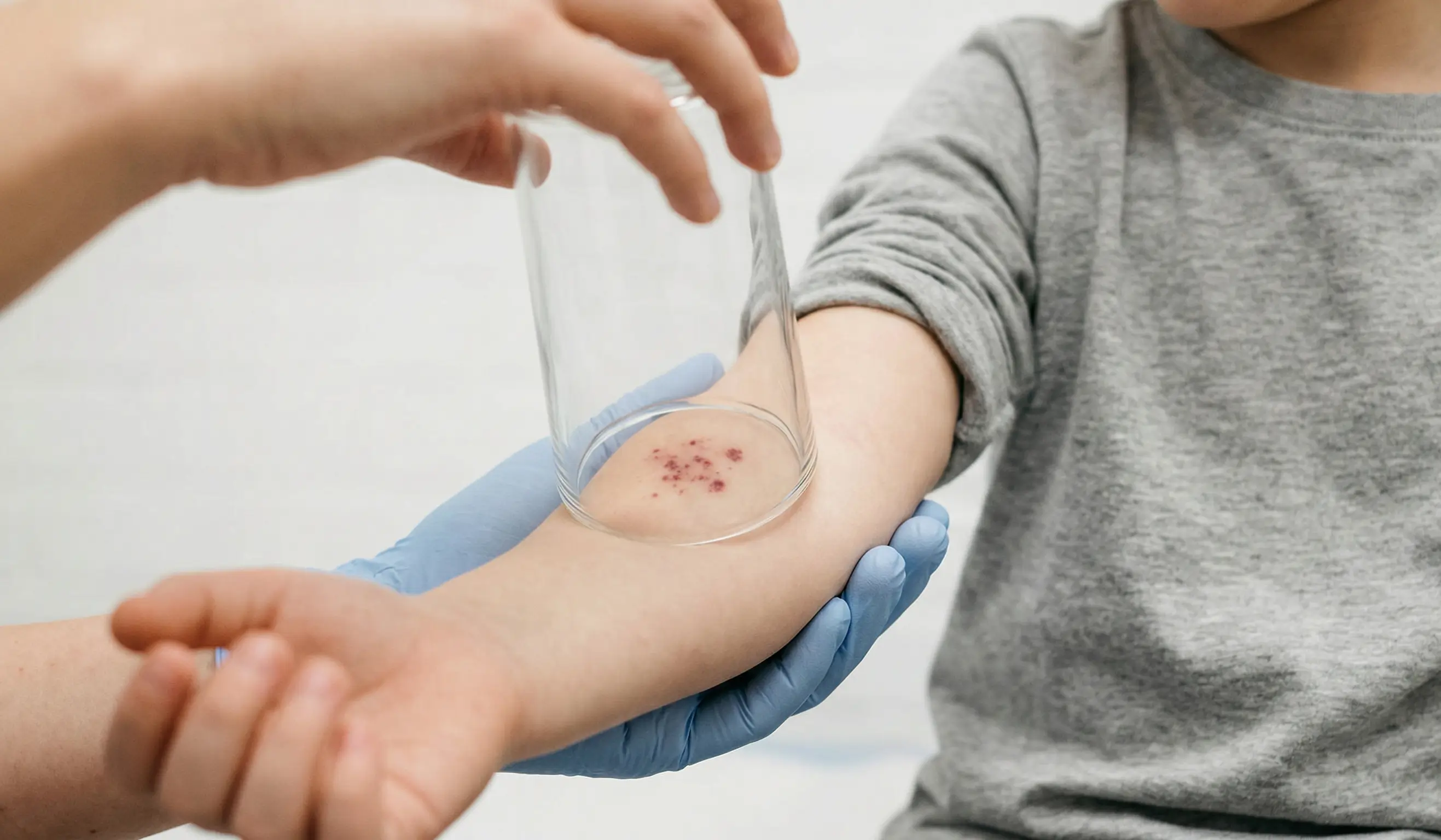 Gros plan du test du verre sur l'avant-bras d'un enfant avec les petites taches rouges ne s'effacent pas sous la pression, symptôme clinique d'une méningite foudroyante.