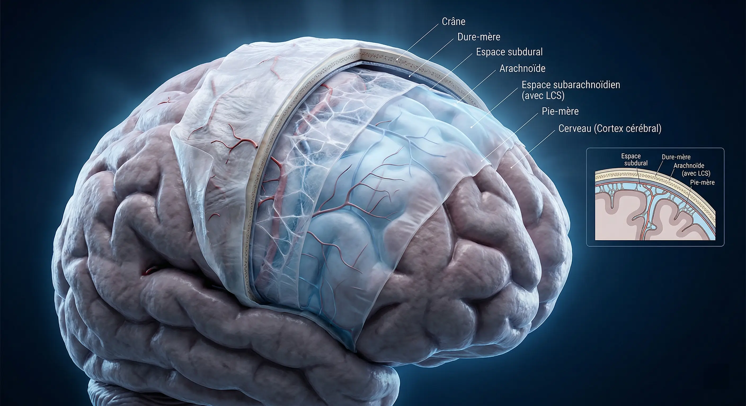 Illustration anatomique 3D des méninges (dure-mère, arachnoïde et pie-mère) entourant le cerveau — méningite